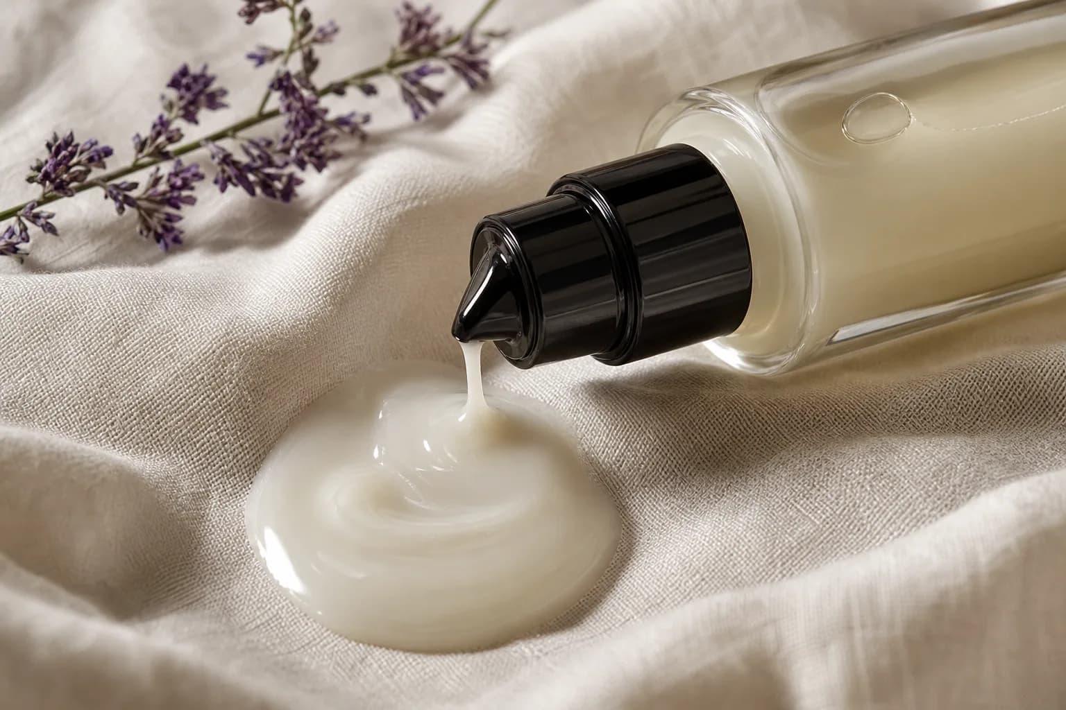White lotion flowing from a clear pump bottle onto beige linen.