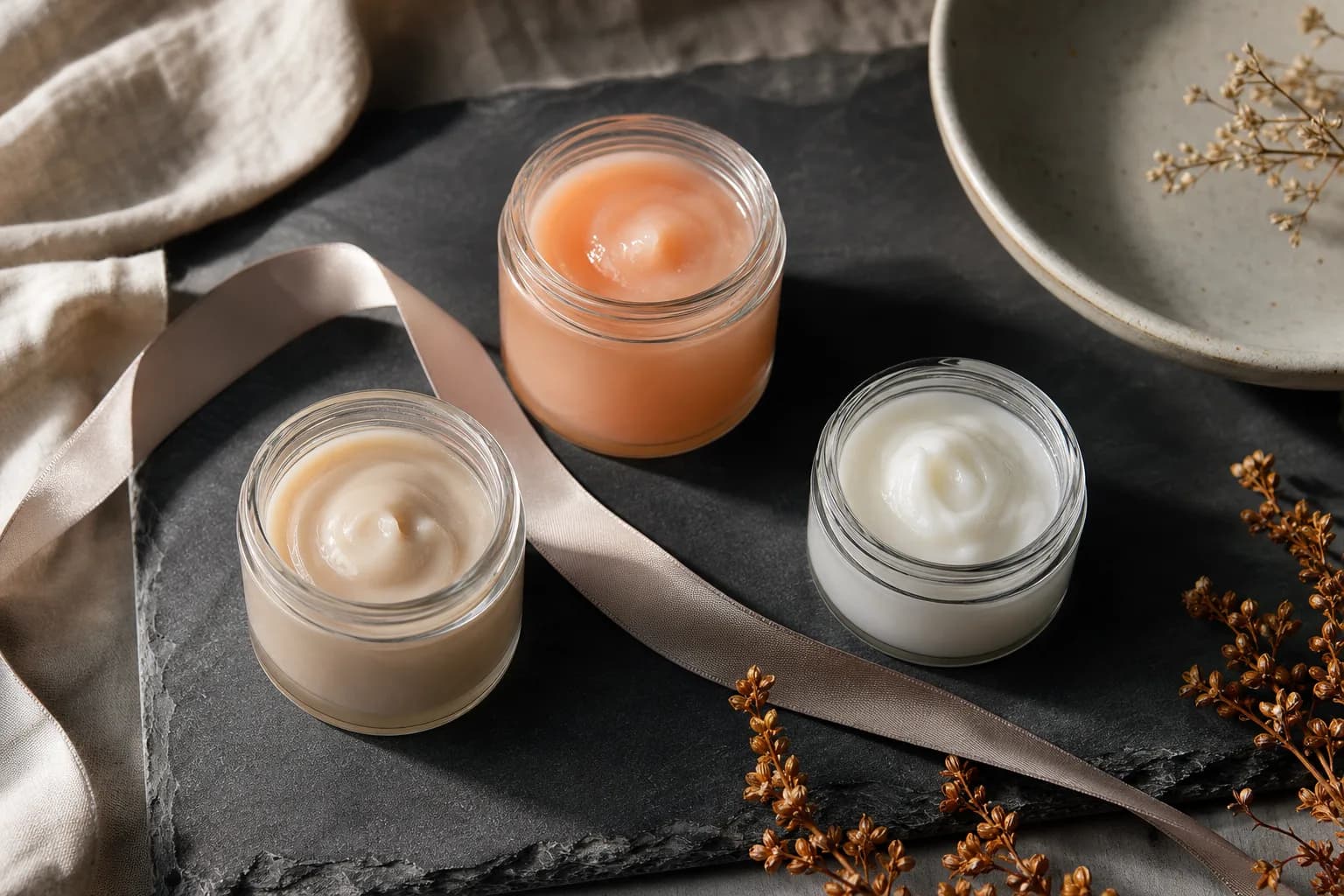Three open jars of peach, beige and white creams arranged on dark slate.