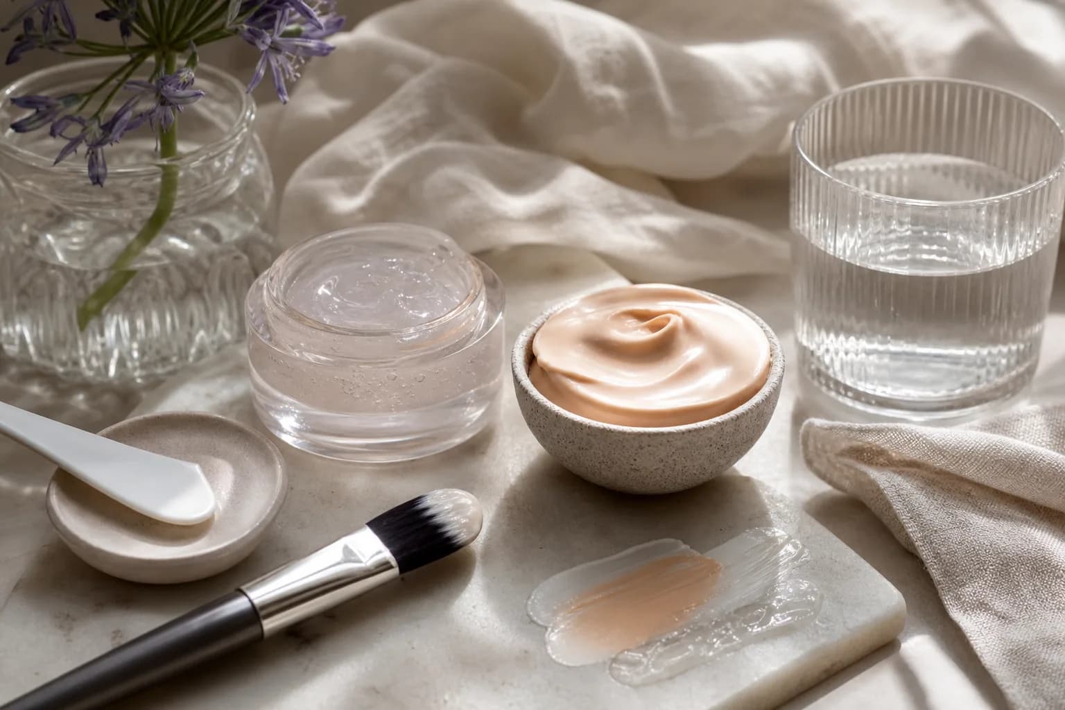 Clear gel and peach cream beside a makeup brush, spatula and glass of water.