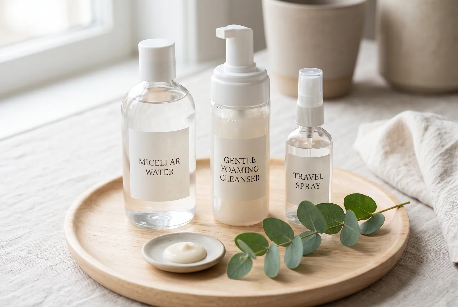 Three generic cleansing bottles on a wooden tray with eucalyptus
