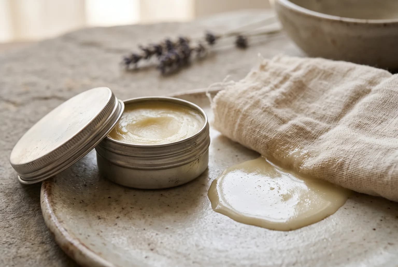Cleansing balm emulsified on neutral background with muslin cloth