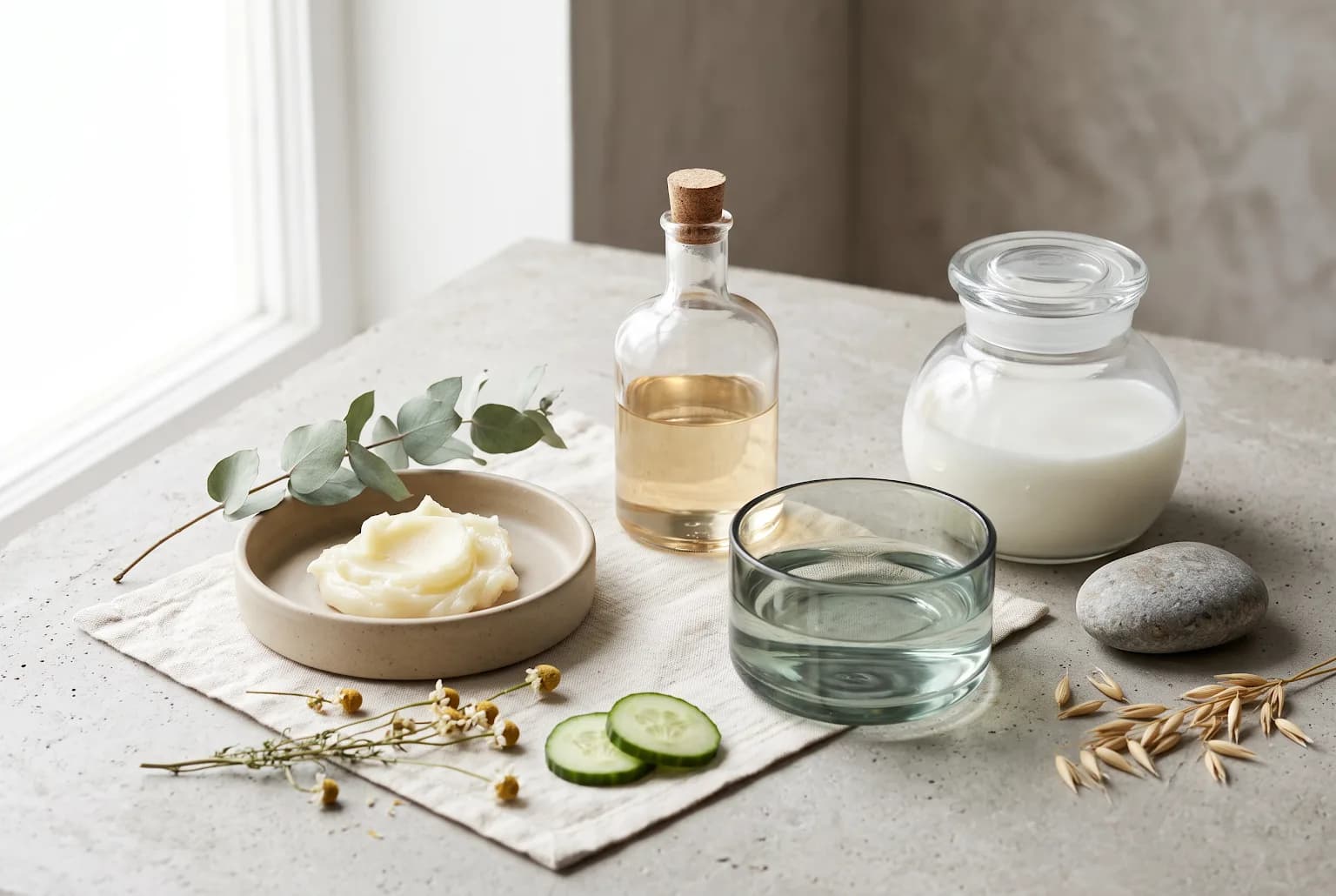 Small glass vials of light cleansing oil with cotton rounds on slate