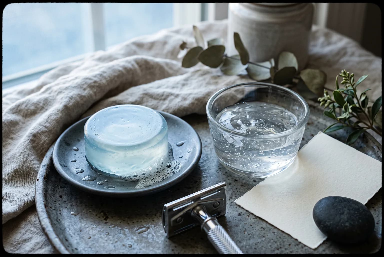 Shaving essentials: glycerin soap, razor head, and cooling gel