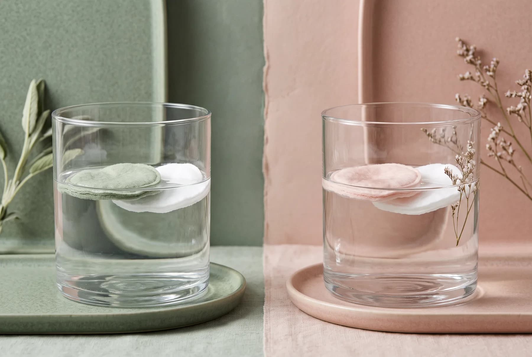 Two clear vessels with cotton pads in a minimalist side-by-side comparison setting