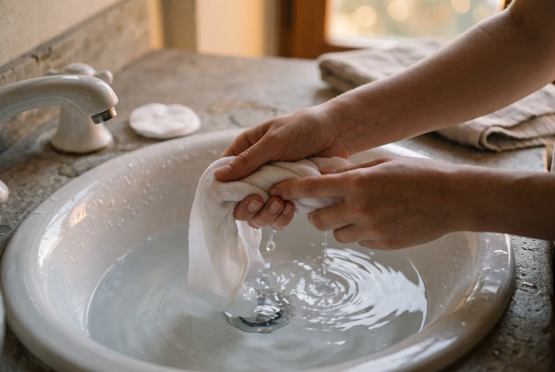 Hands completing a gentle evening cleansing routine at a sink