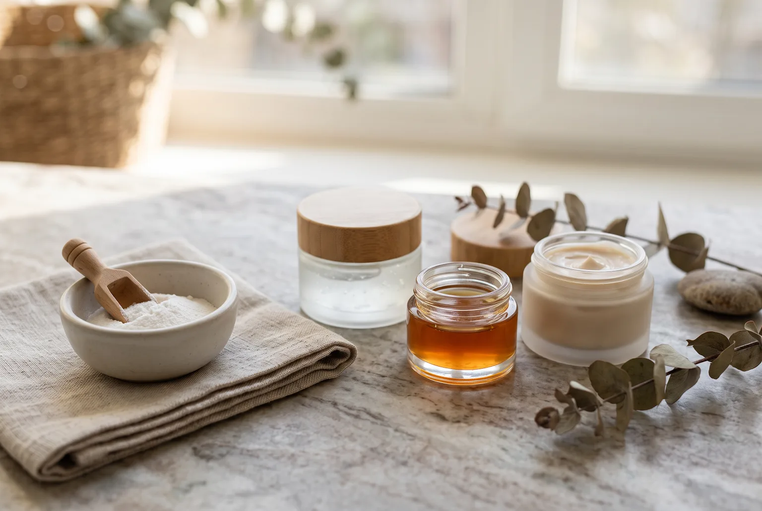 Jars of moisturizer and a bowl of hyaluronic acid powder on a marble countertop with soft daylight