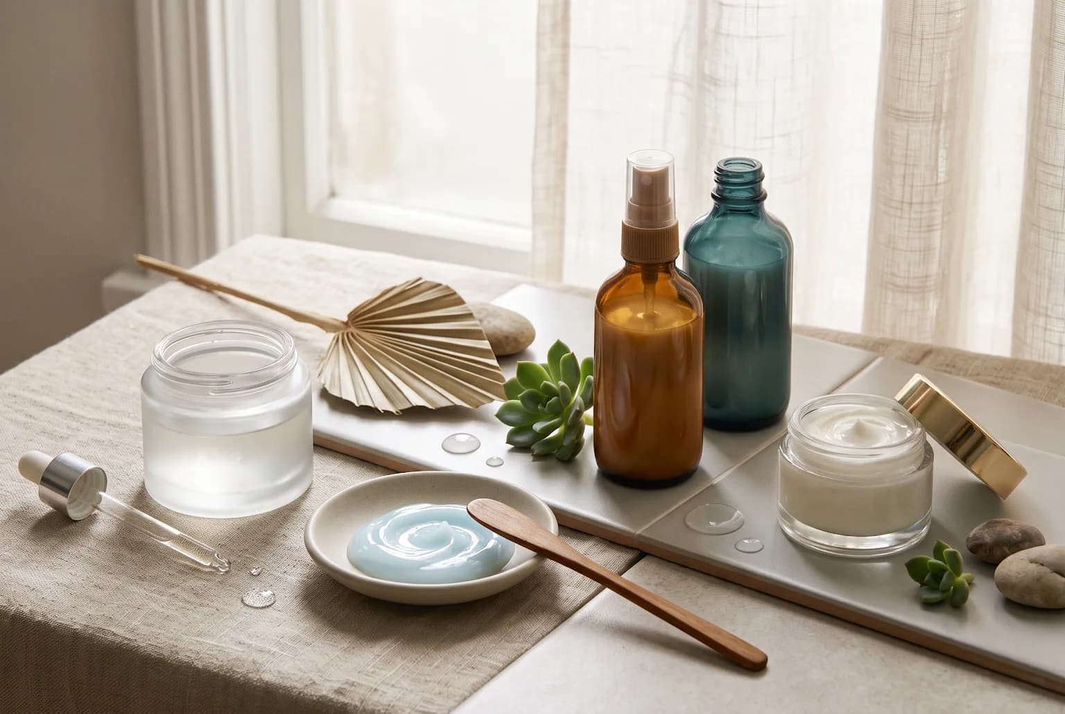 Smears of gel-cream, light cream, and rich cream textures side-by-side on a slate surface