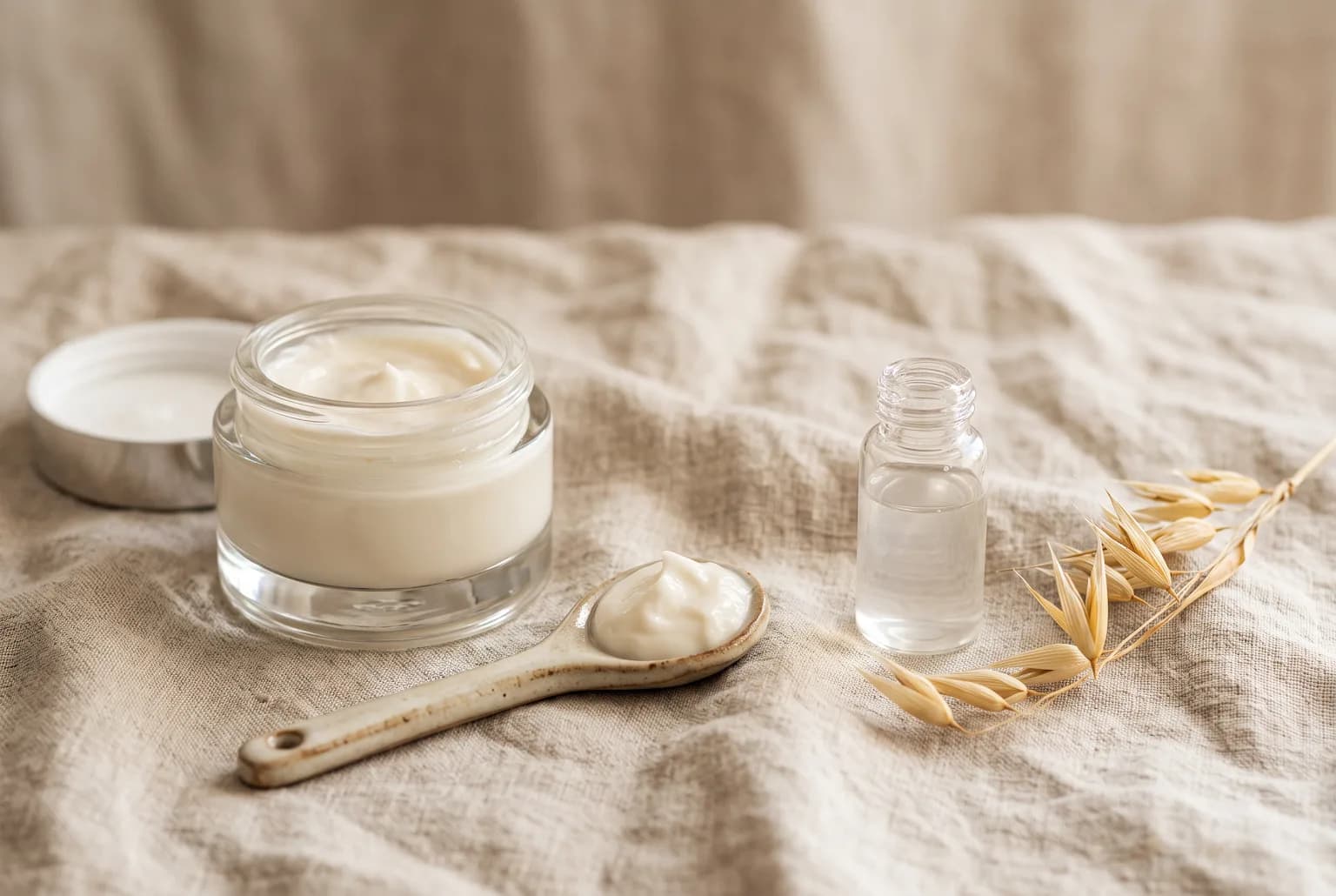 Open jar of rich moisturizer on linen with ceramic spoon, oats and glass vial