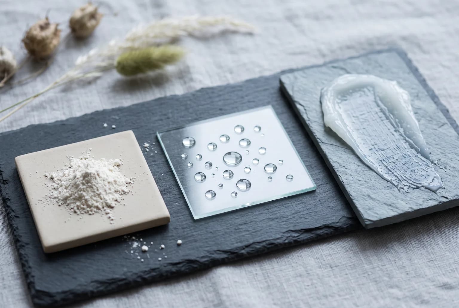 Ceramide, glycerin, and petrolatum samples on a dark slate tray