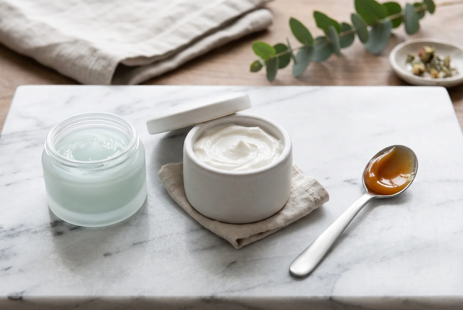 Three moisturizer textures: gel-cream, thick cream, and ointment