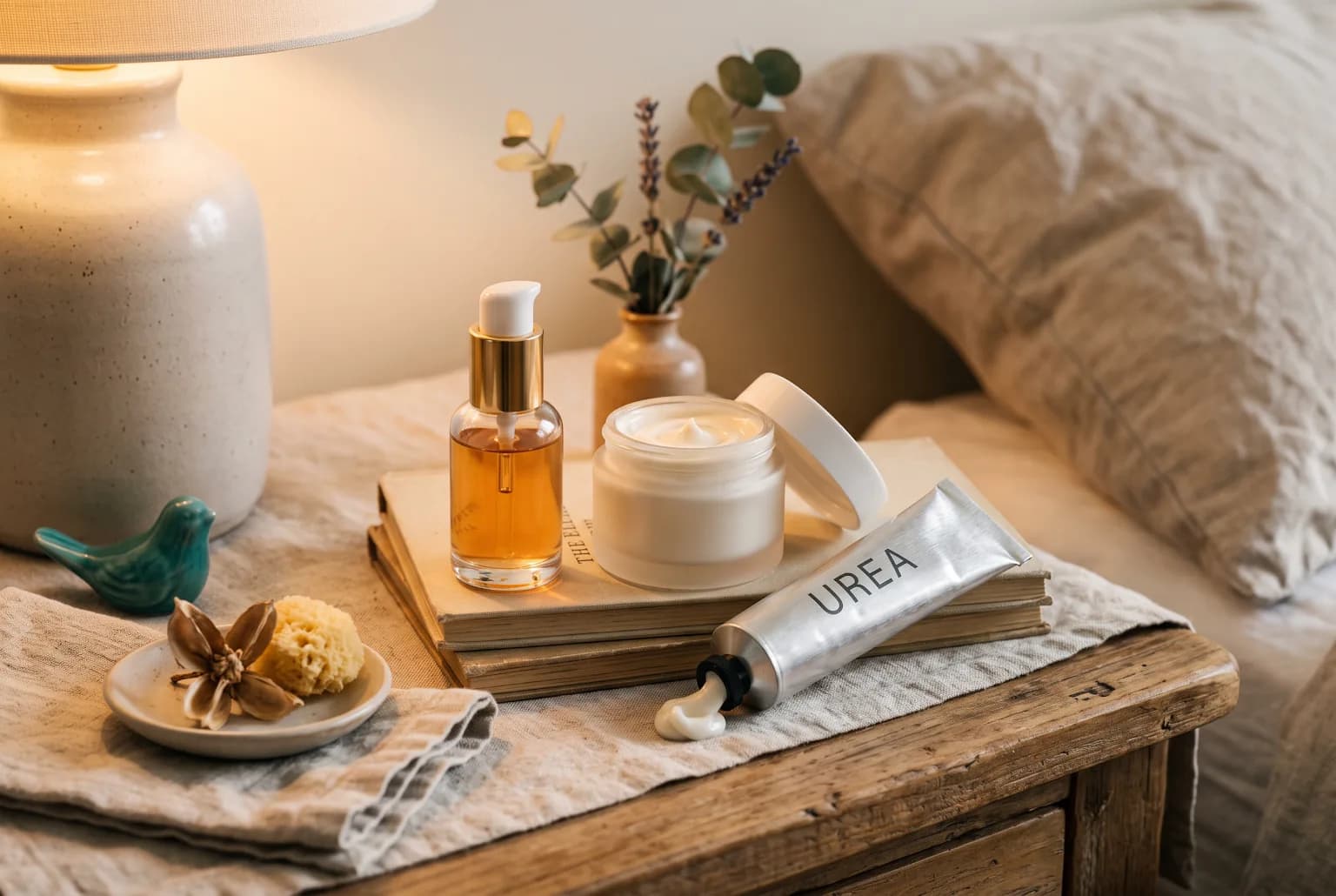 Nighttime layering: hyaluronic serum, ceramide cream, and urea-containing lotion on bedside table