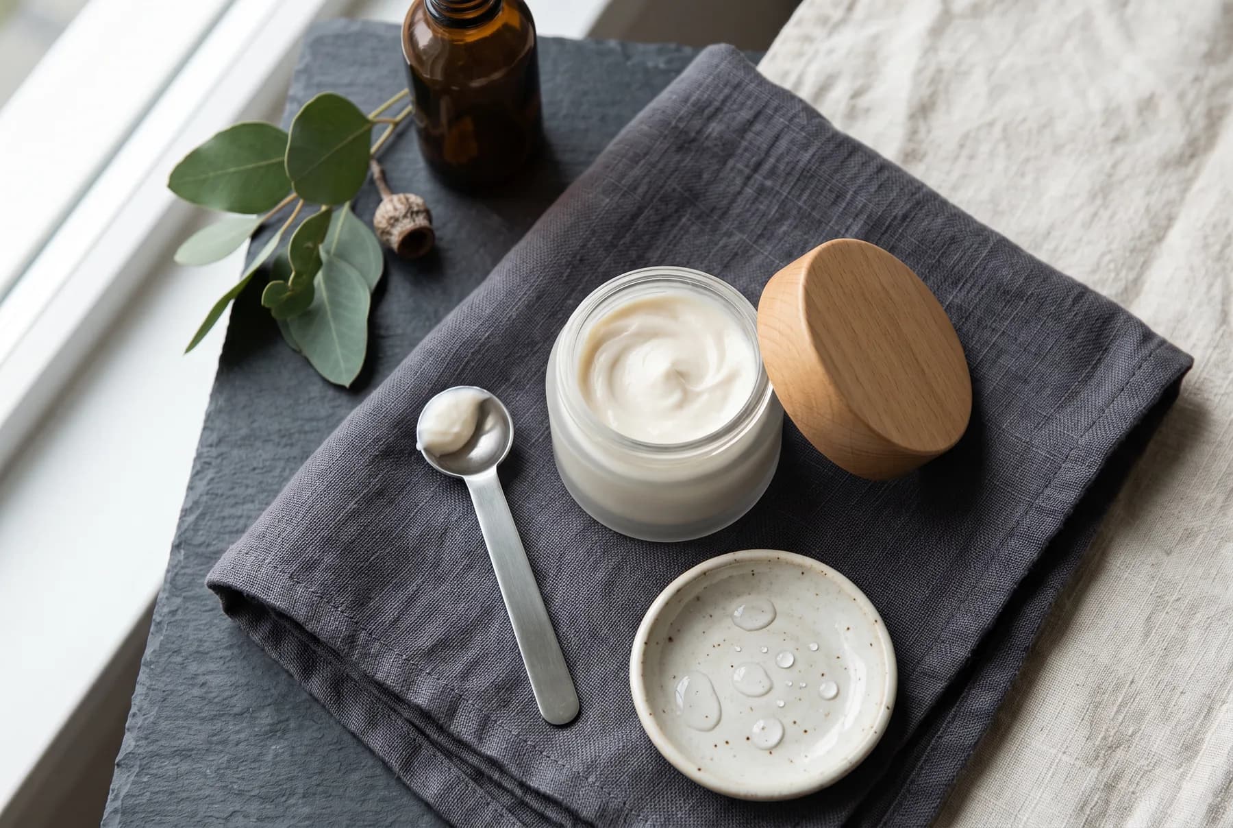 A cream texture on a charcoal towel with water droplets in a minimalist skincare scene