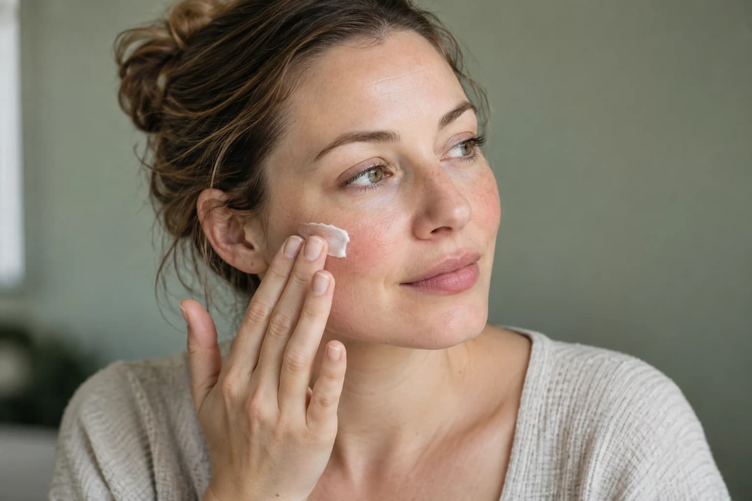 Woman spreading a small dab of white cream onto her cheek with her fingertips.