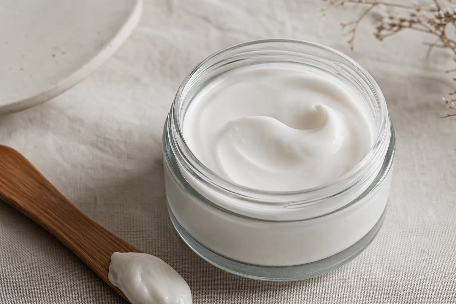 Open glass jar of white cream beside a wooden spatula on folded linen.