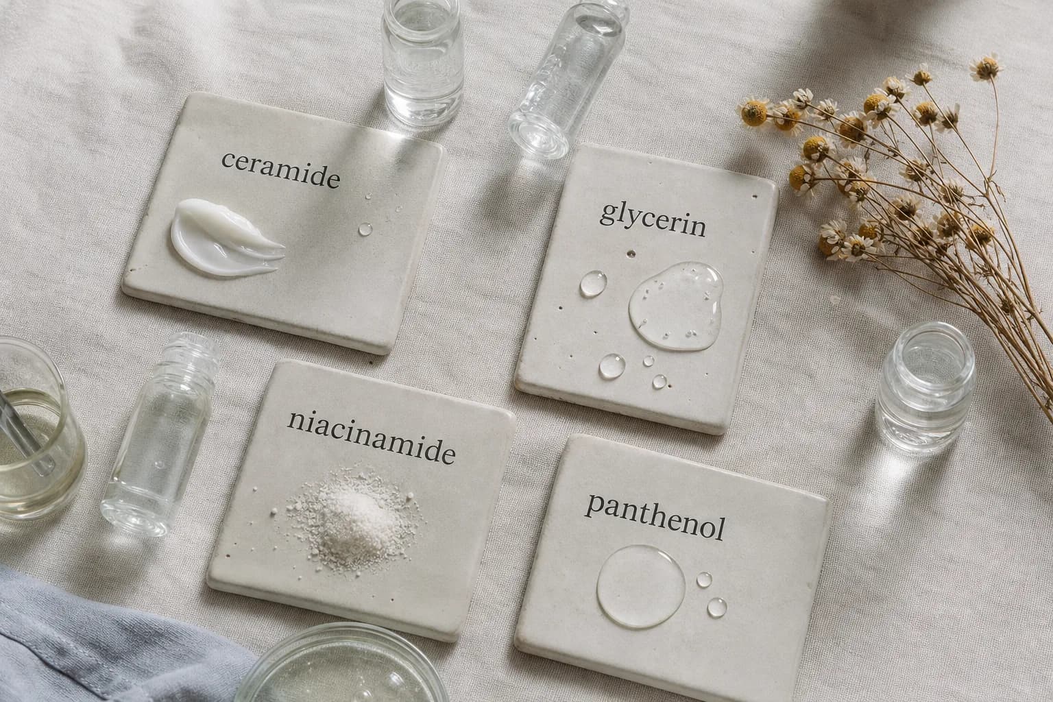 Four sample tiles labelled ceramide, glycerin, niacinamide and panthenol, with different cosmetic textures.