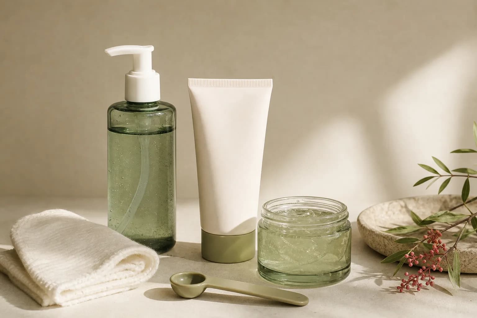 Green pump bottle, white tube and open gel jar beside a folded towel.