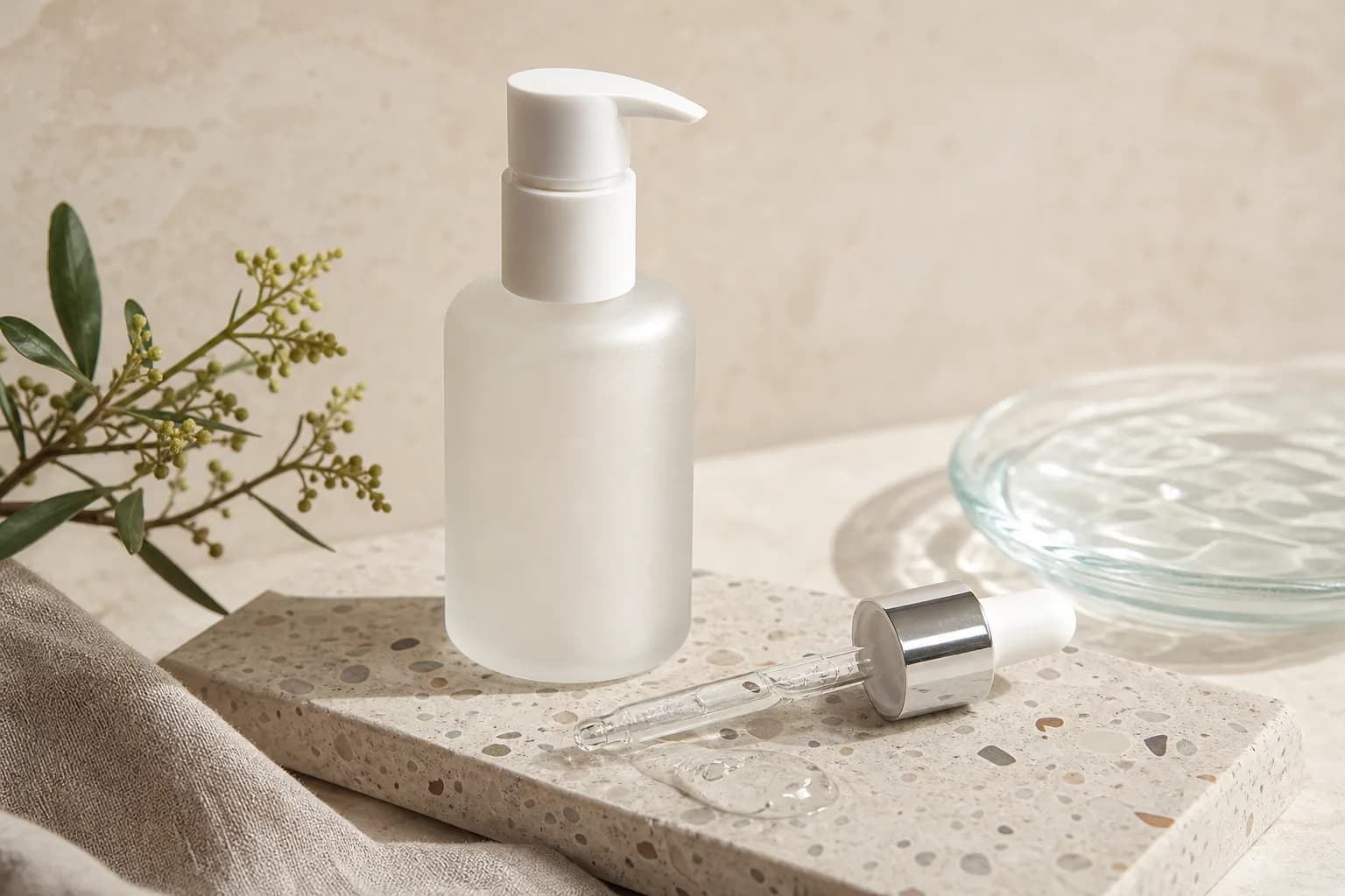 Plain white pump bottle beside a glass pipette and a dish of clear gel.