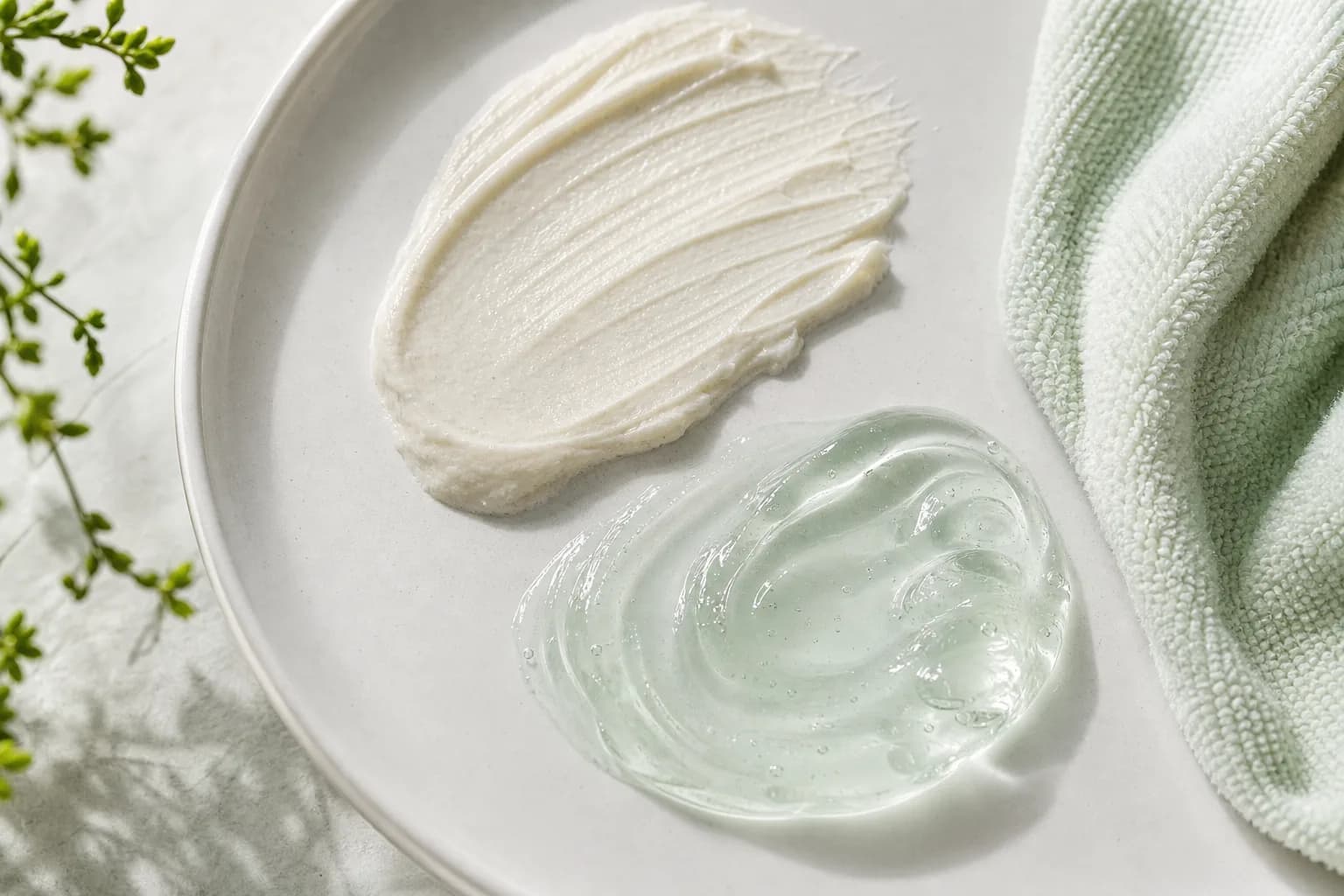White cream and pale green gel swatches side by side on a ceramic plate.
