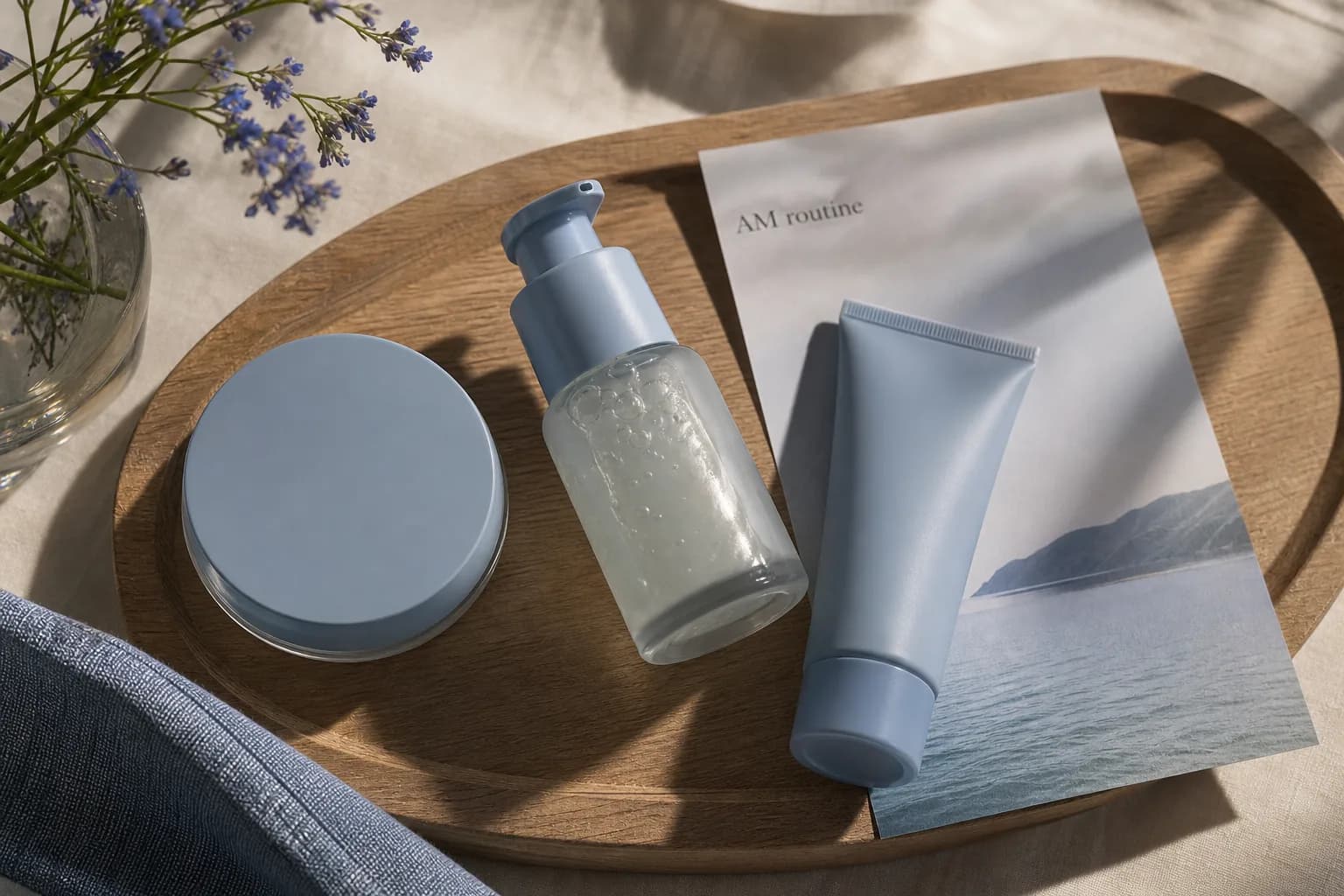 Blue jar and tube with a clear pump bottle on a wooden tray beside an AM routine card.