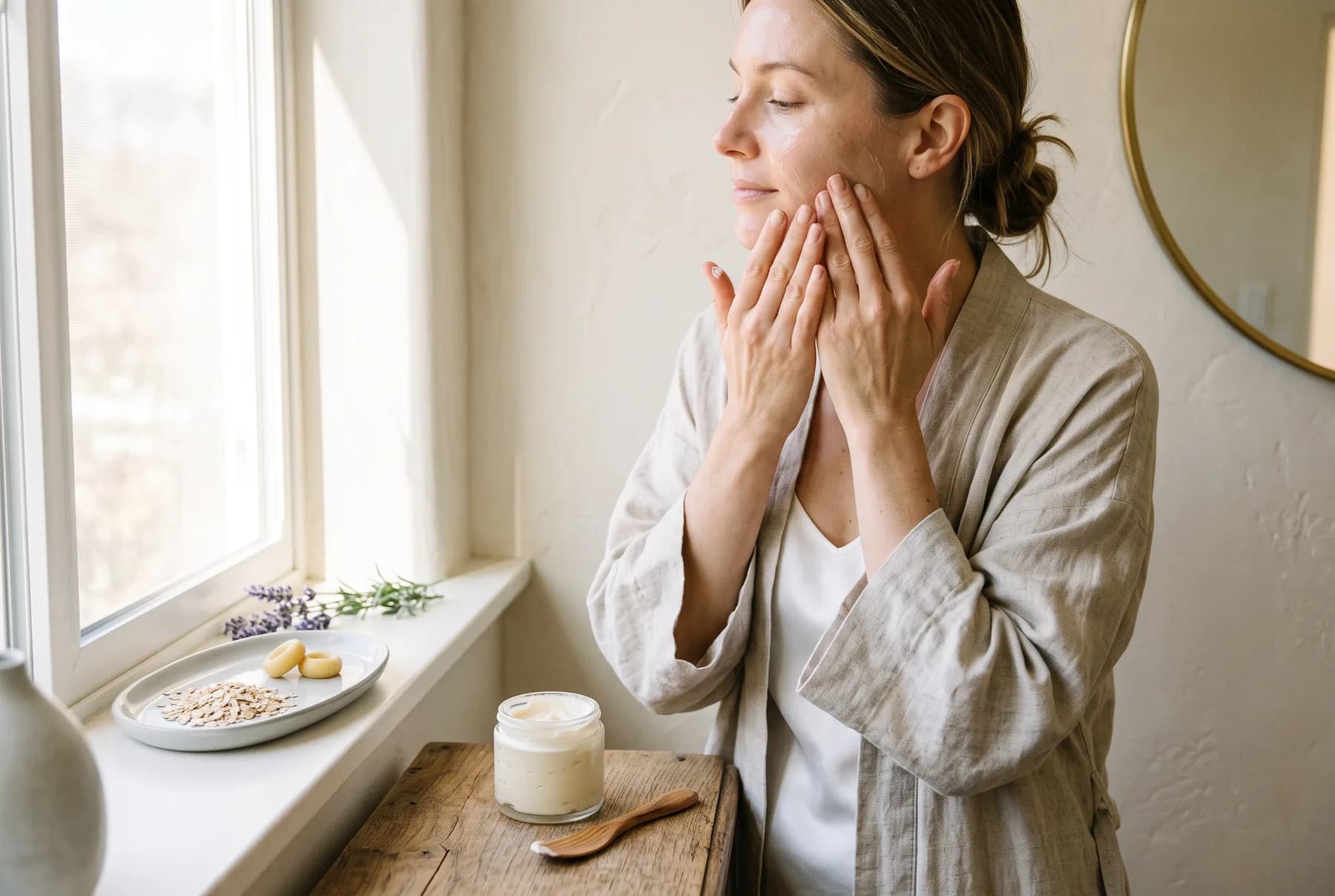 Hands pressing moisturizer into the cheek in soft window light