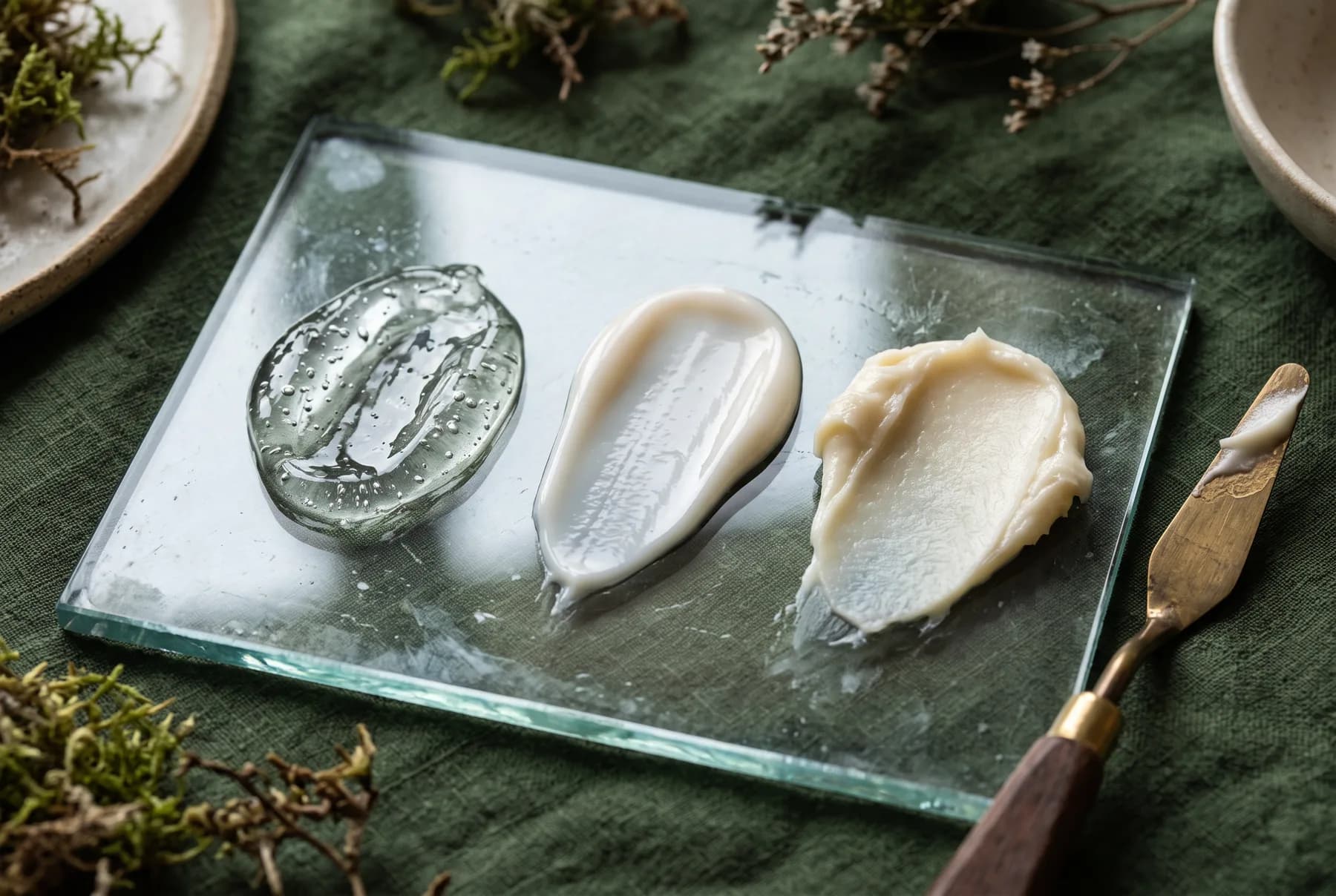 Gel, lotion, and rich cream textures shown on a glass palette