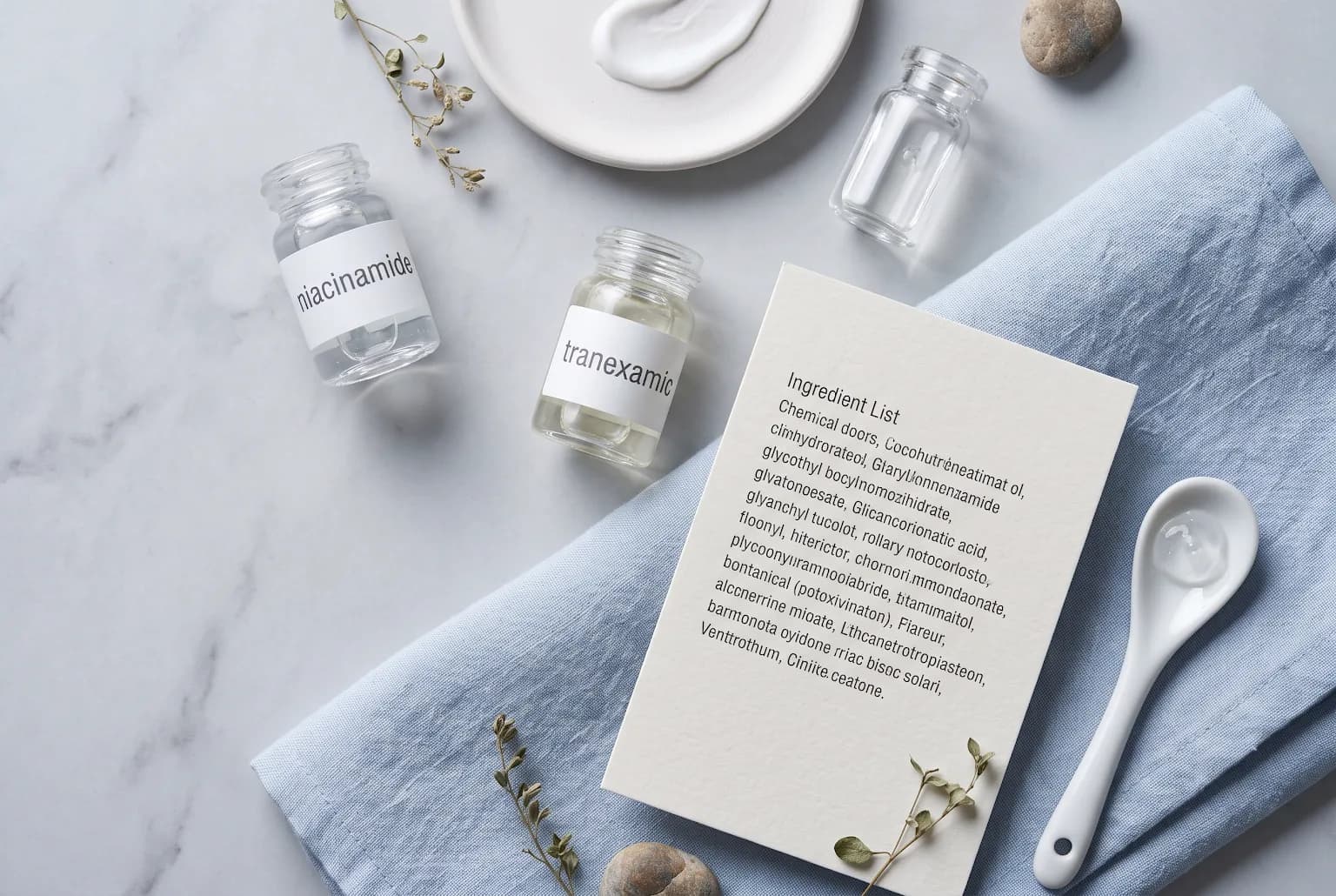 Flatlay of small vials labelled niacinamide and tranexamic acid with ingredient card