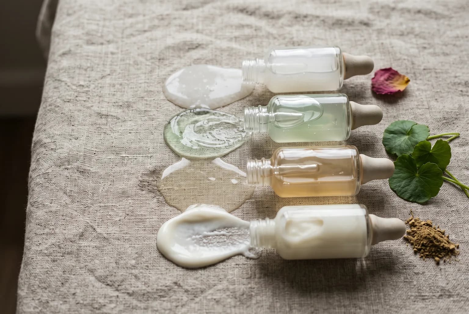 Close-up of three different serum textures: watery, gel, and lightweight cream