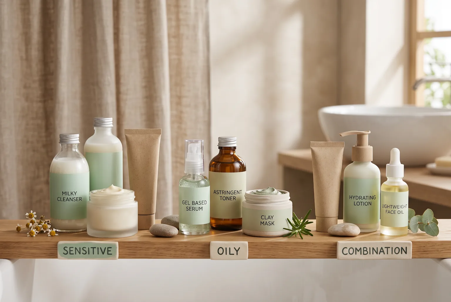 Bathroom shelf with labeled tubes and pumps grouped by skin type