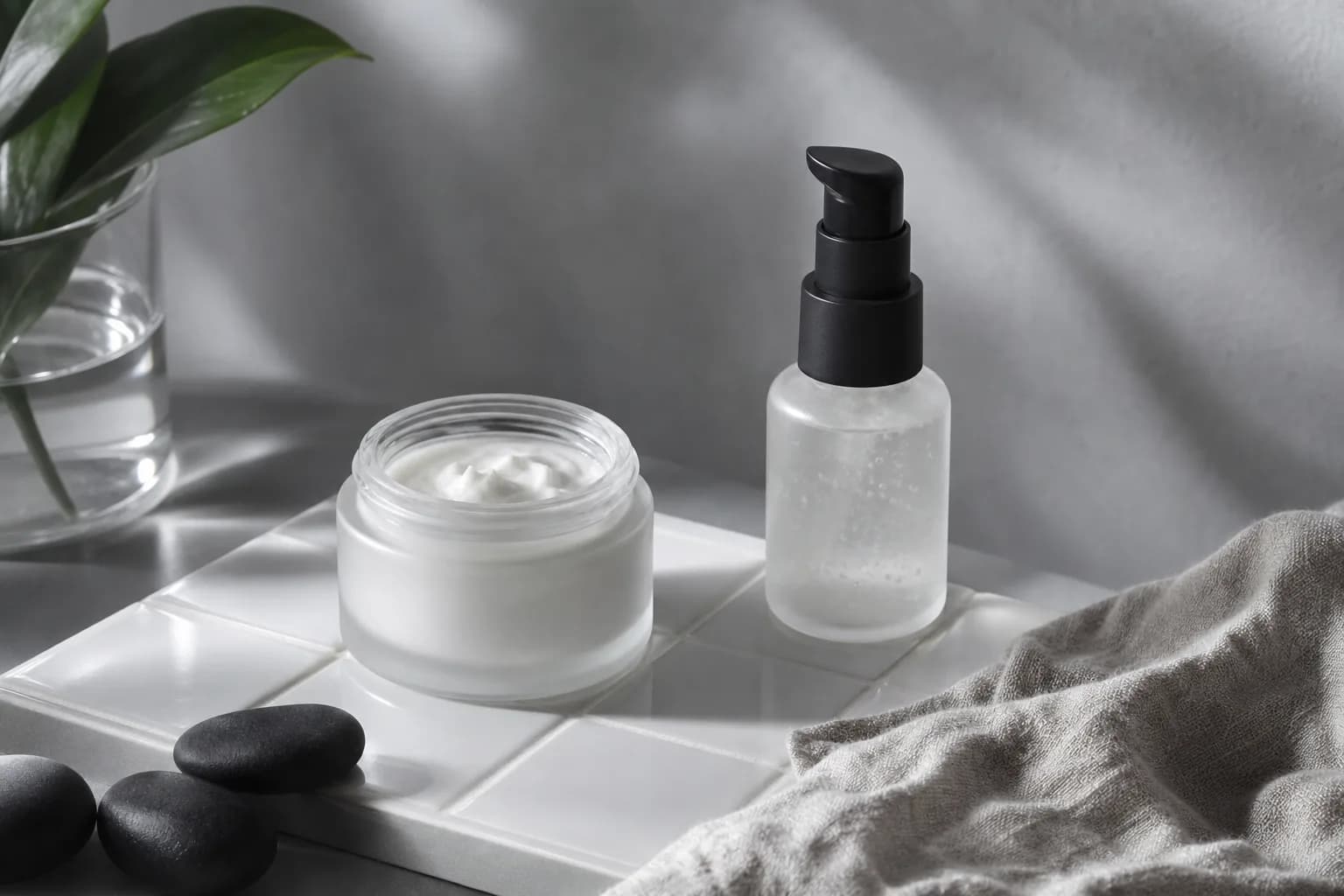 Matte finish gel-cream and pump bottle on tile with pebbles