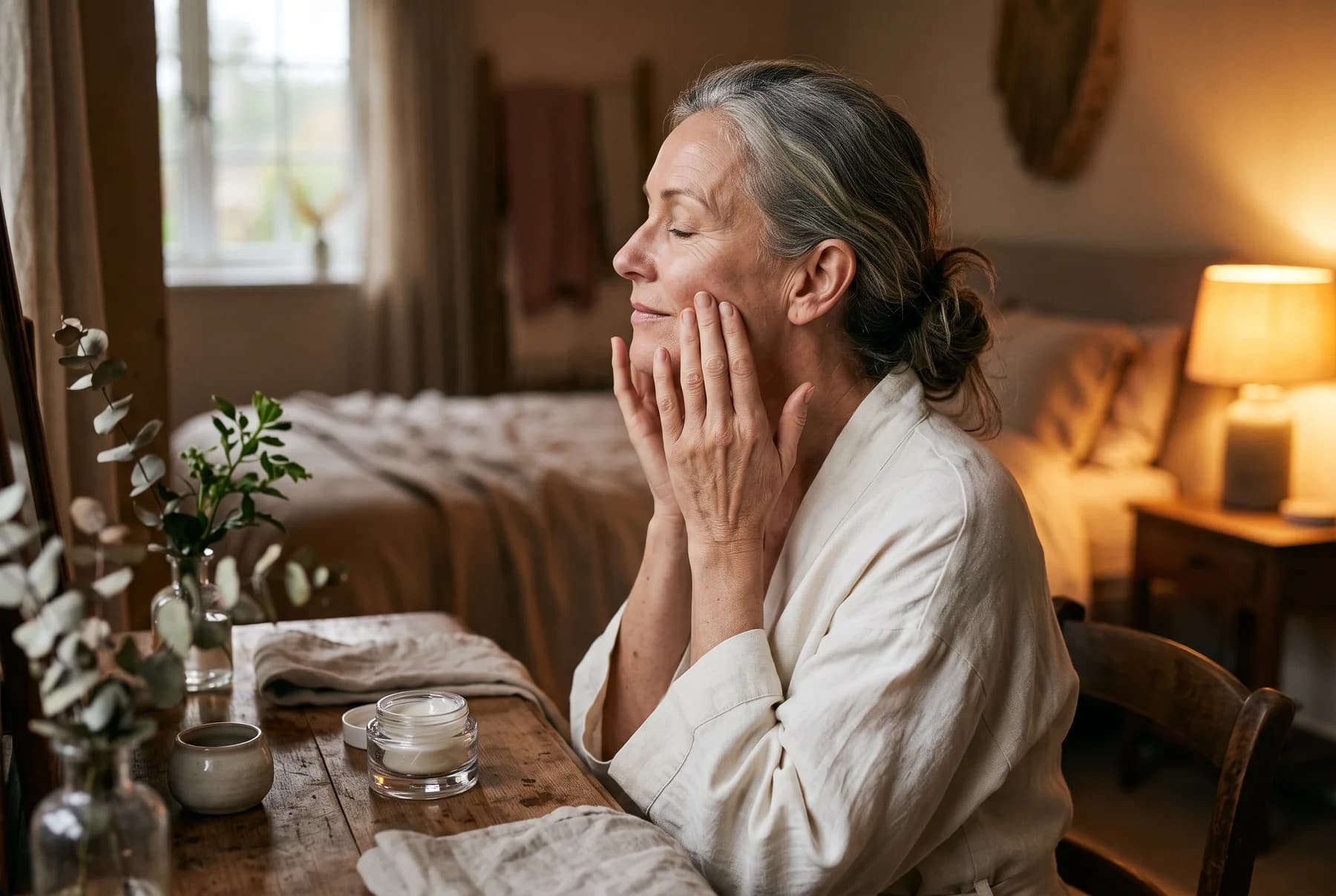 A woman gently pressing moisturizer into her cheeks during an evening routine