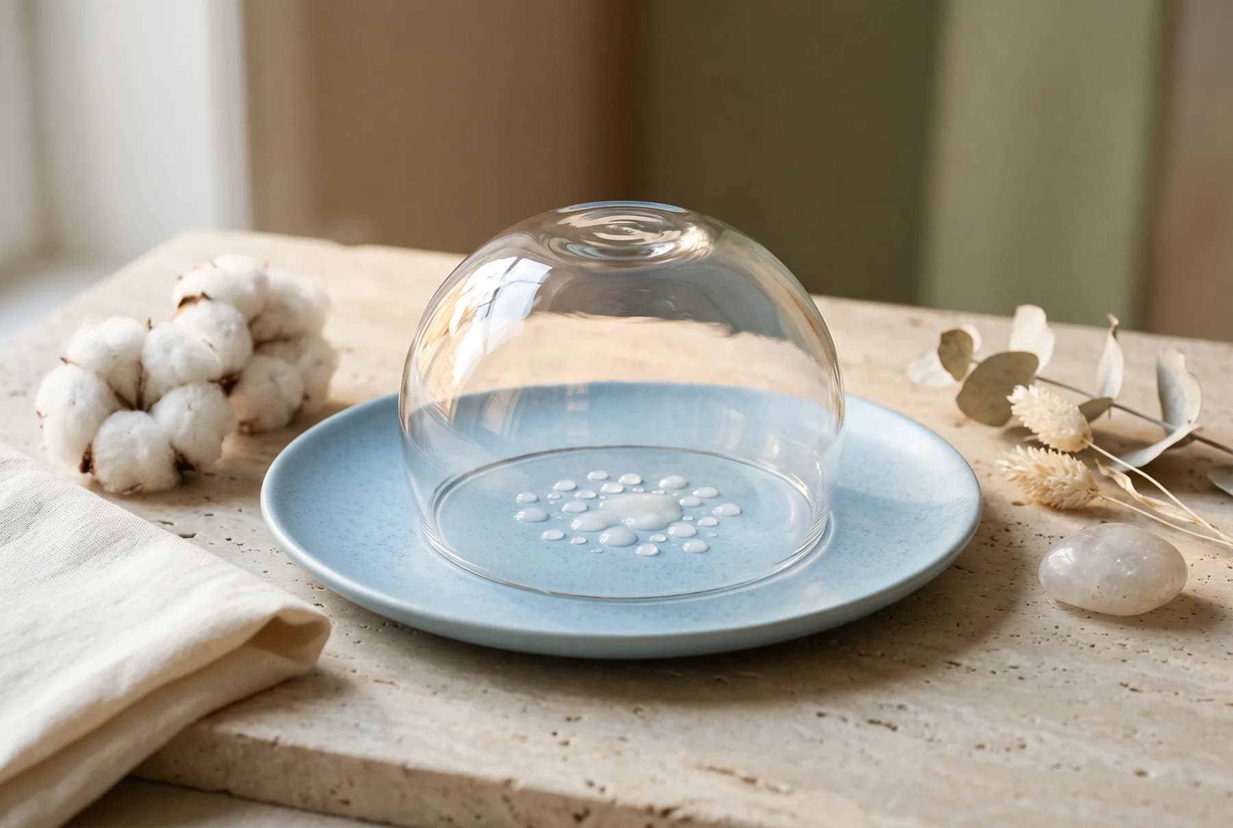 A glass dome protecting water droplets as a visual metaphor for the skin barrier