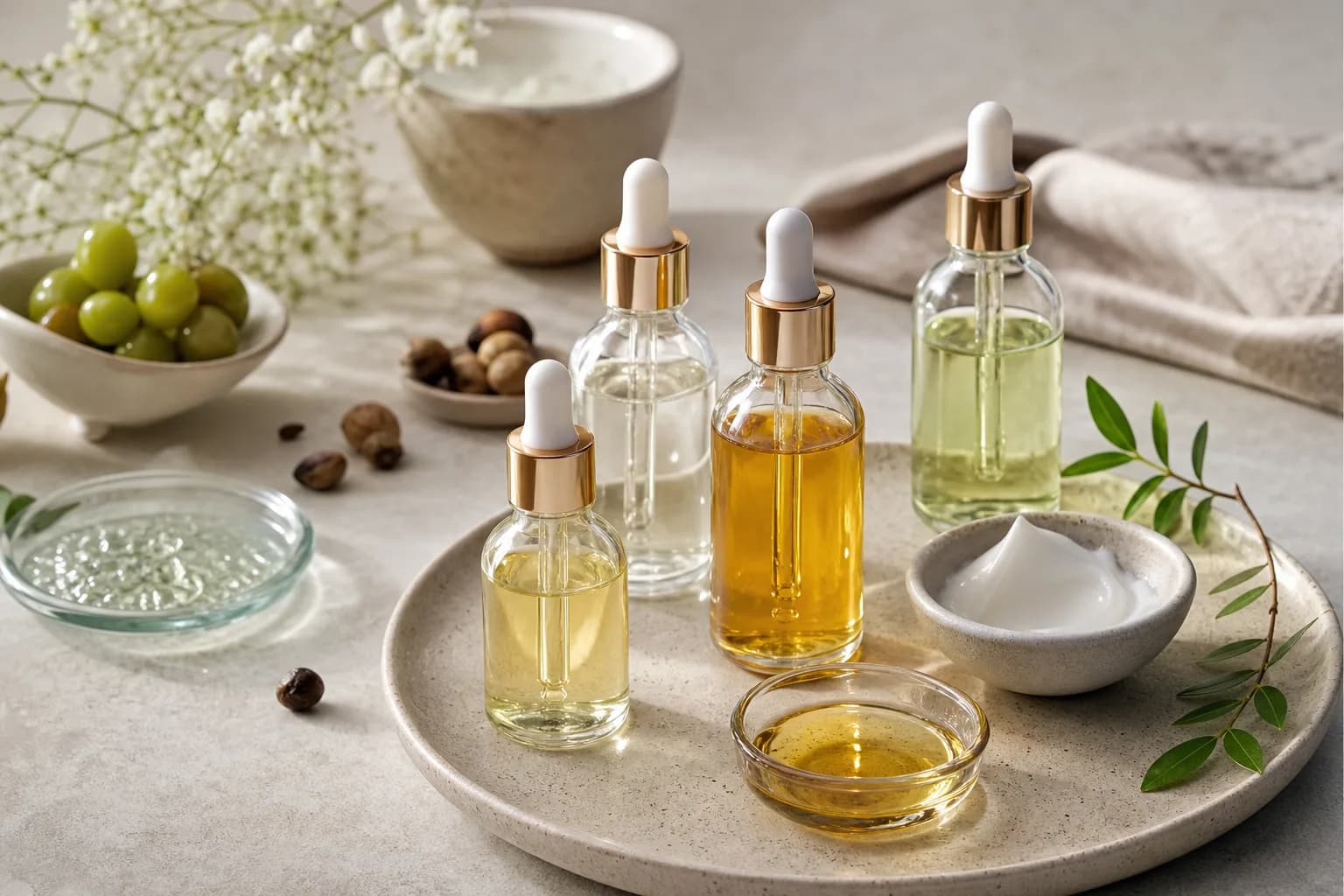 Four dropper bottles of clear and yellow liquids beside cream, grapes and nuts.