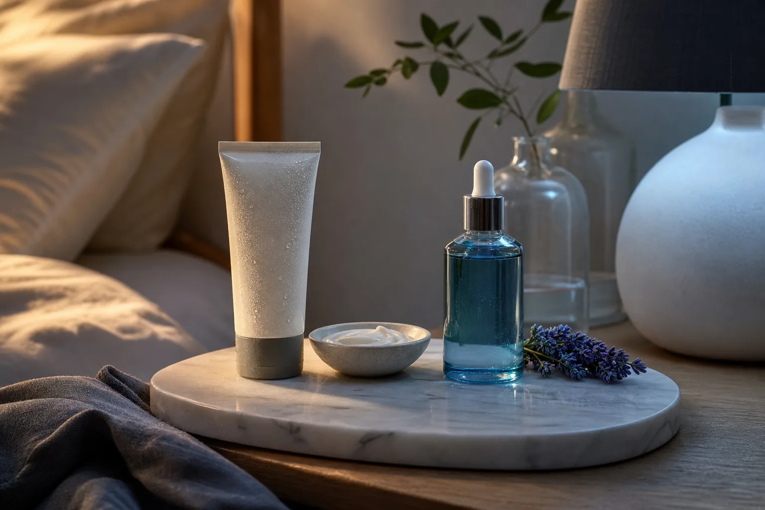Plain tube, blue dropper bottle and a small dish of cream on a bedside tray.