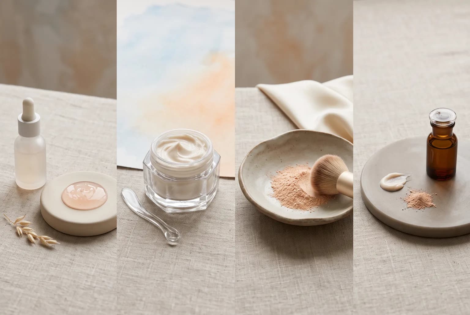 Compact powder with spritz bottle and facial oil on marble tile