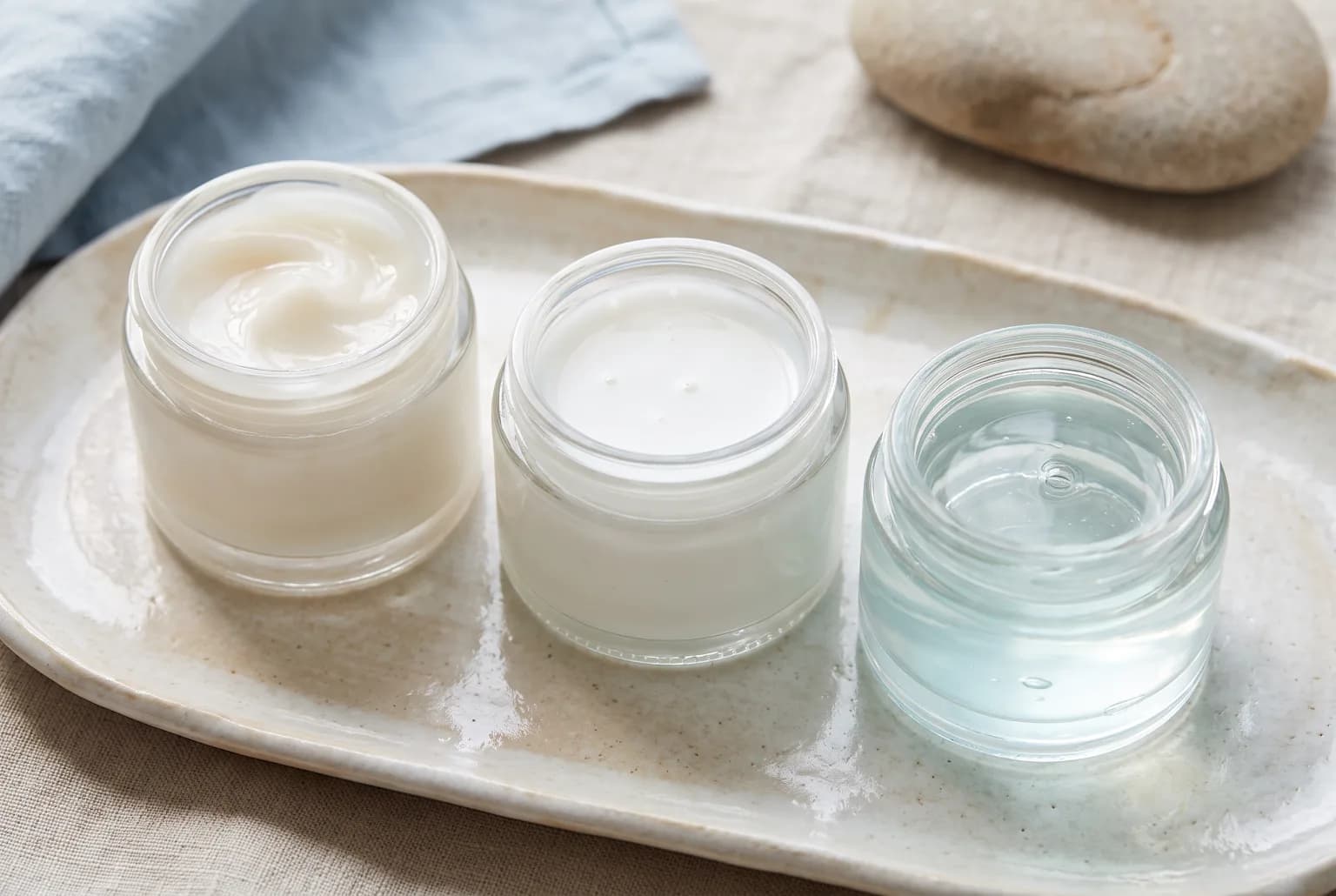 Open jars displaying moisturizer textures: gel-cream, lotion, and oil-free gel on ceramic tray