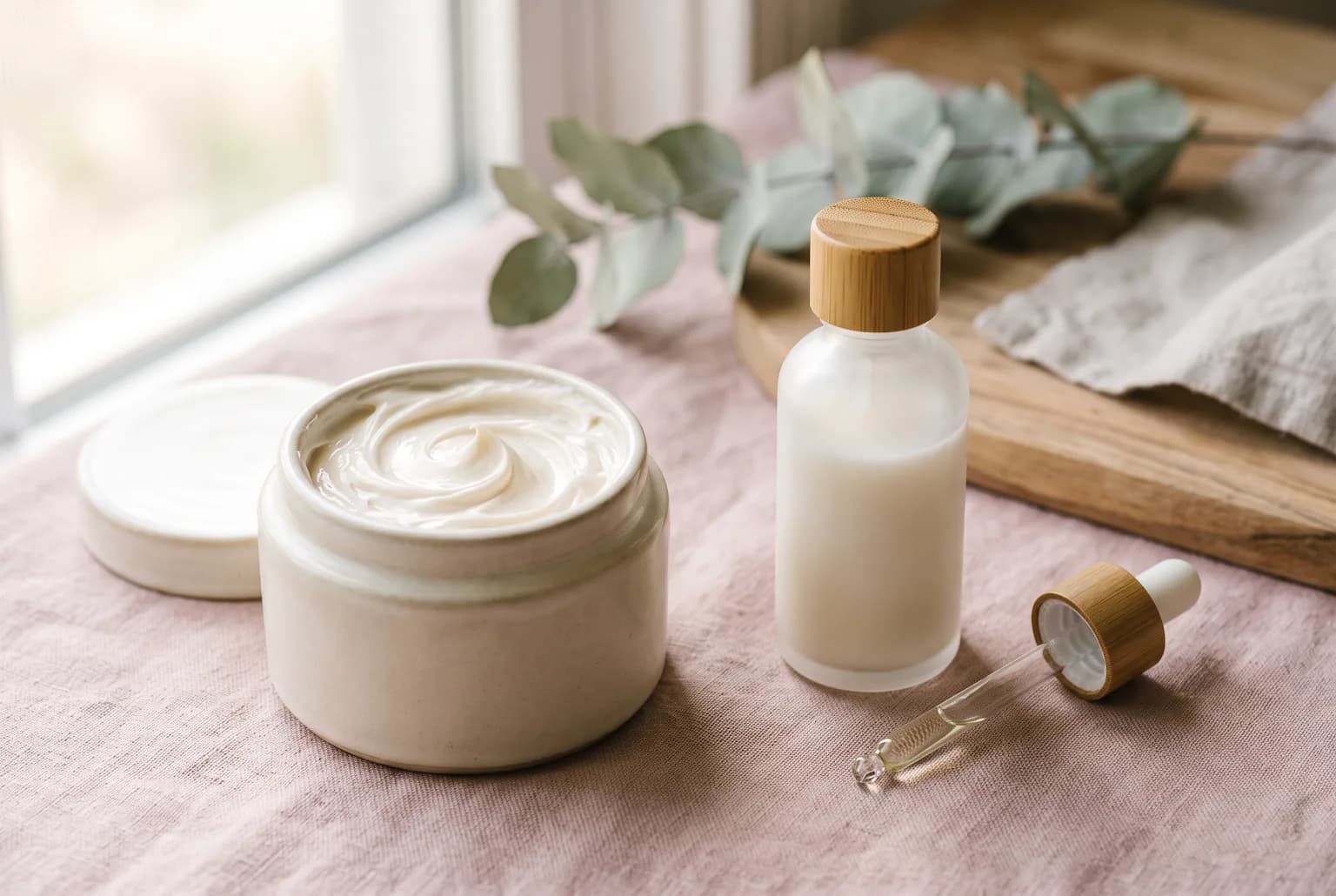 Moisturizer swirls next to SPF lotion and a dropper on a pastel surface