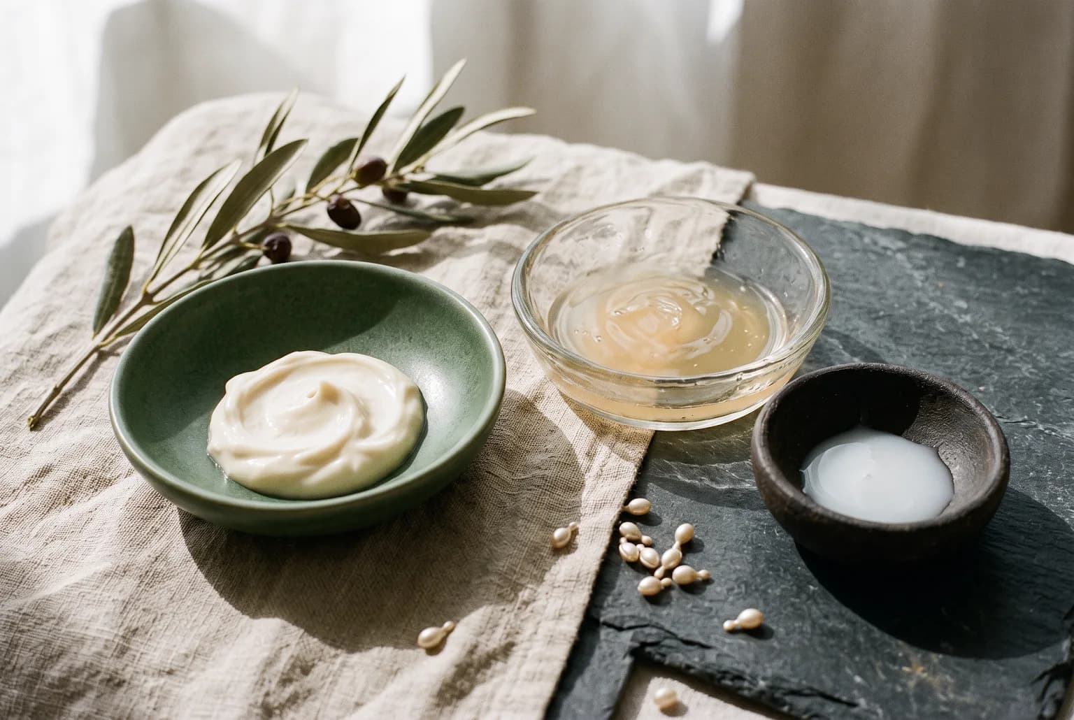 Jar of cream with ceramide capsules and hyaluronic ampoule, top-down view