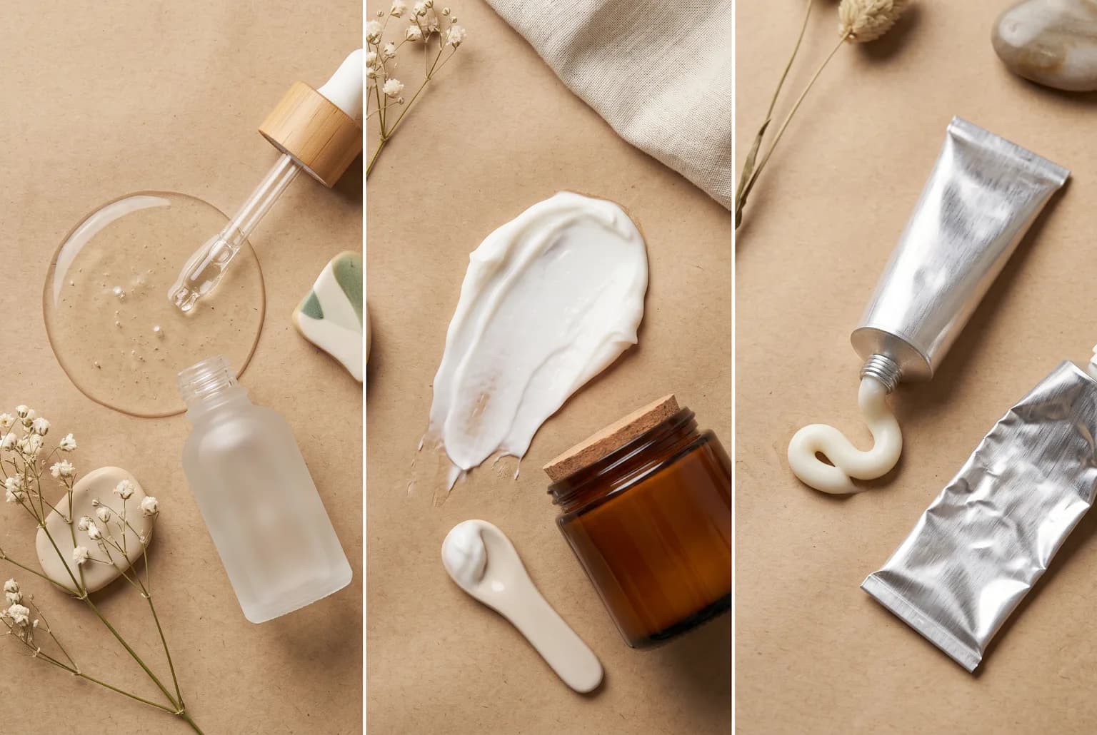 Flat-lay showing serum, cream, and drugstore tube textures side by side