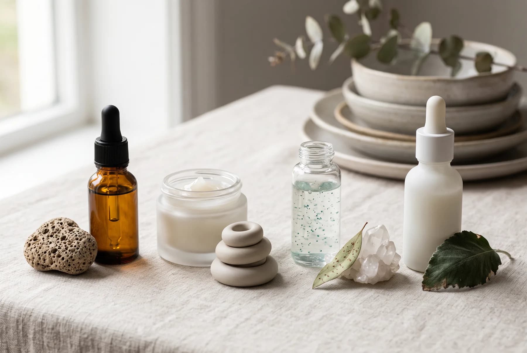Four different serum textures arranged in unbranded glass vessels on a blue tray