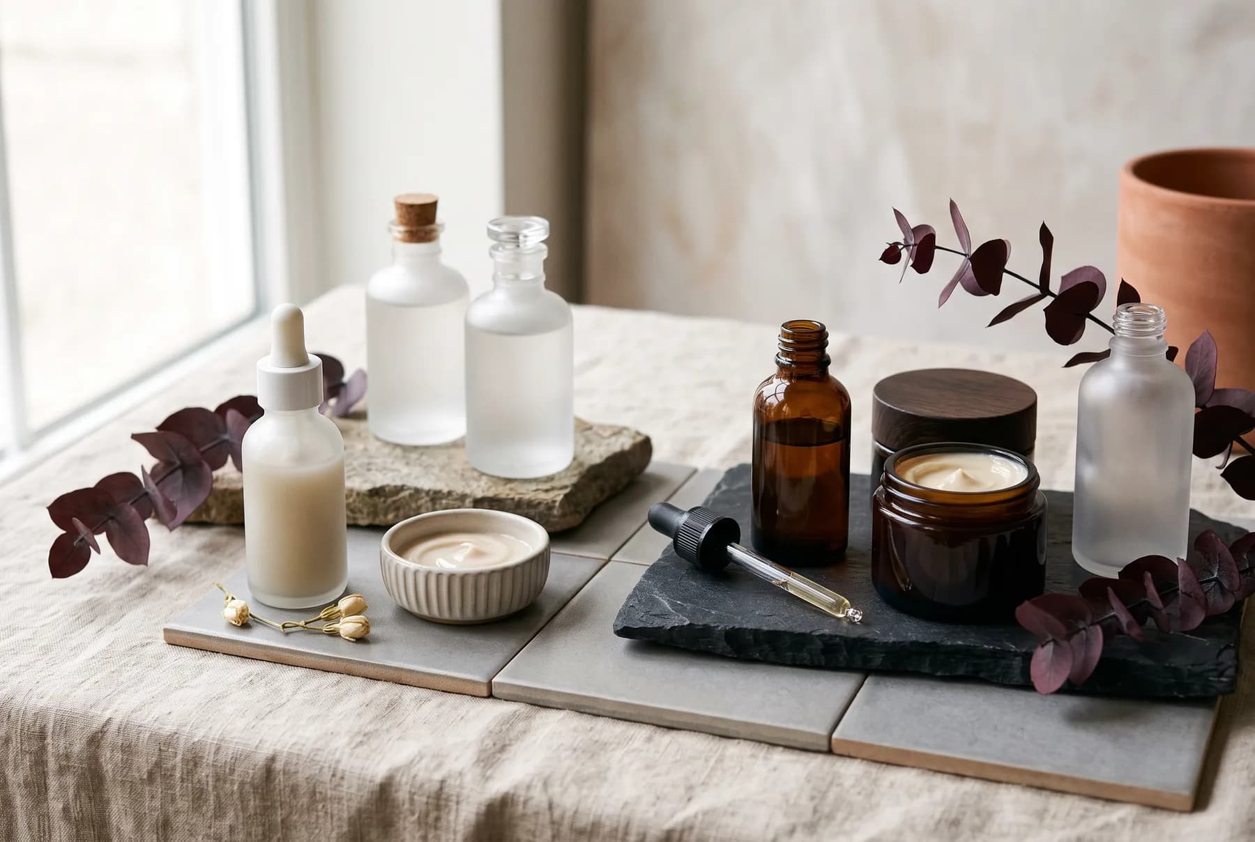 Moody nighttime skincare still life with a pearl-textured serum