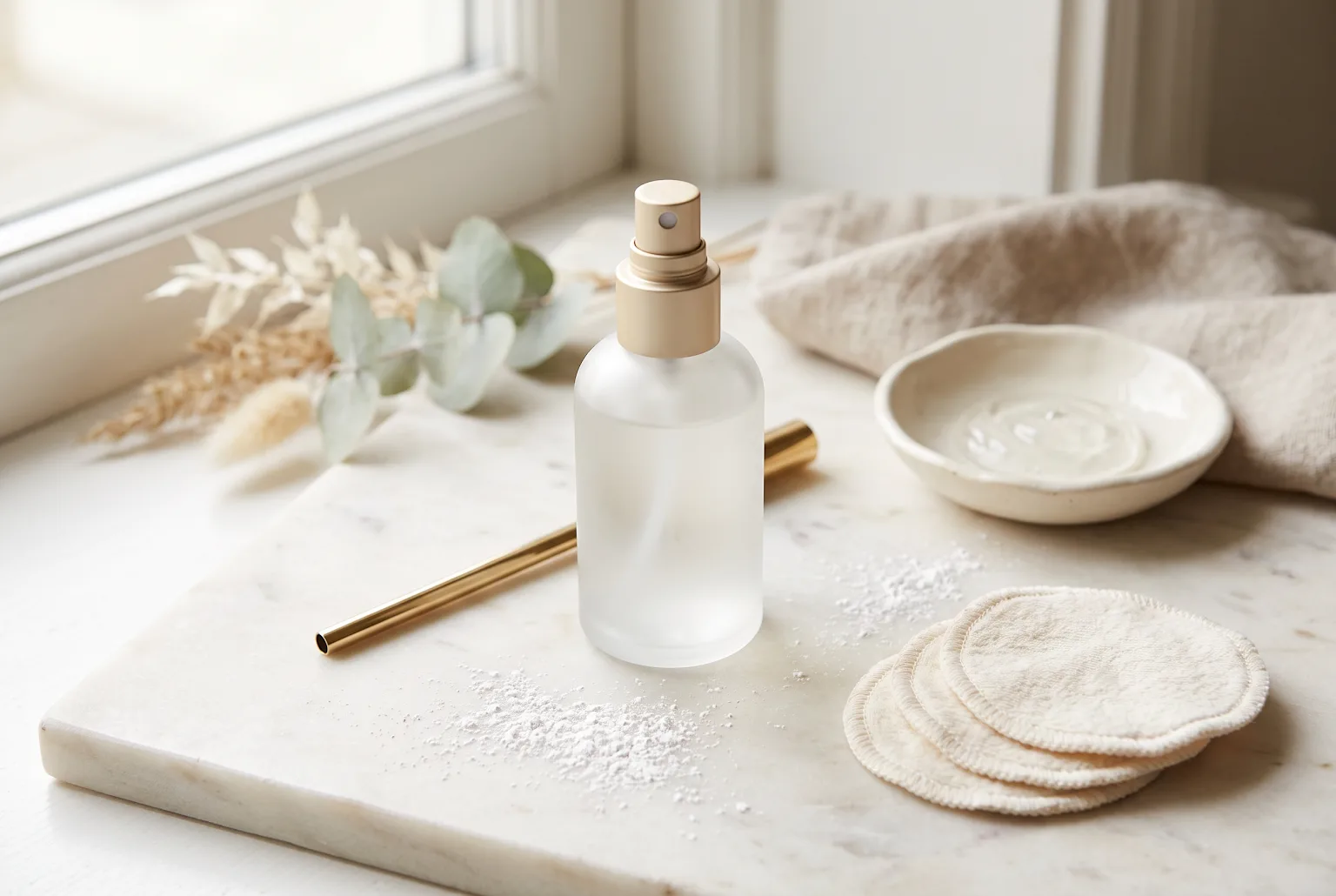 Hero still life of a matte setting spray, silica powder, and cotton pads on marble