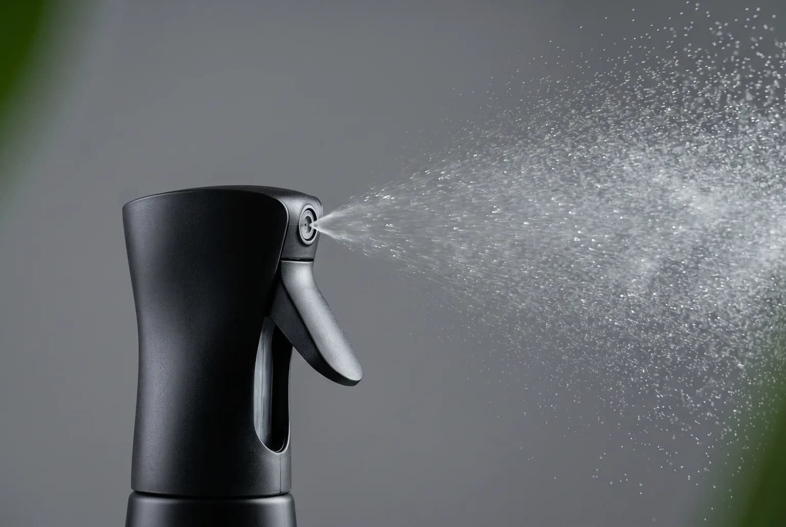Close-up of a setting spray nozzle releasing a fine mist