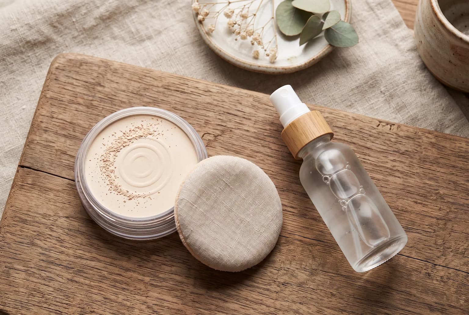 Powder compact, puff, and setting spray on wooden surface