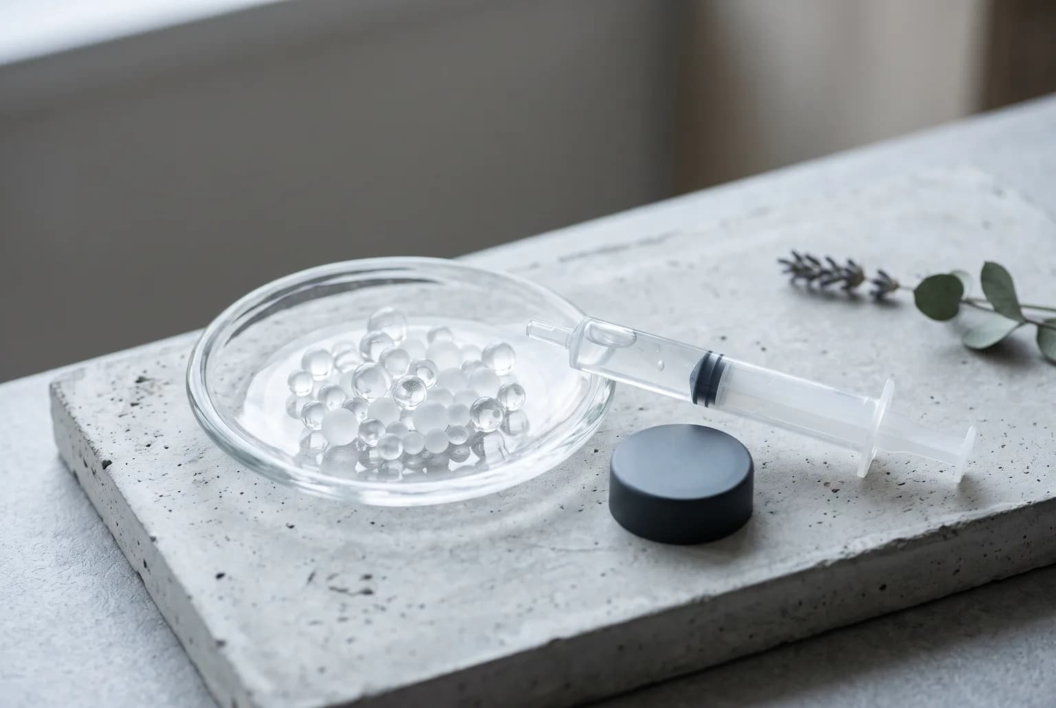 Silica beads and dimethicone droplet near a matte bottle cap