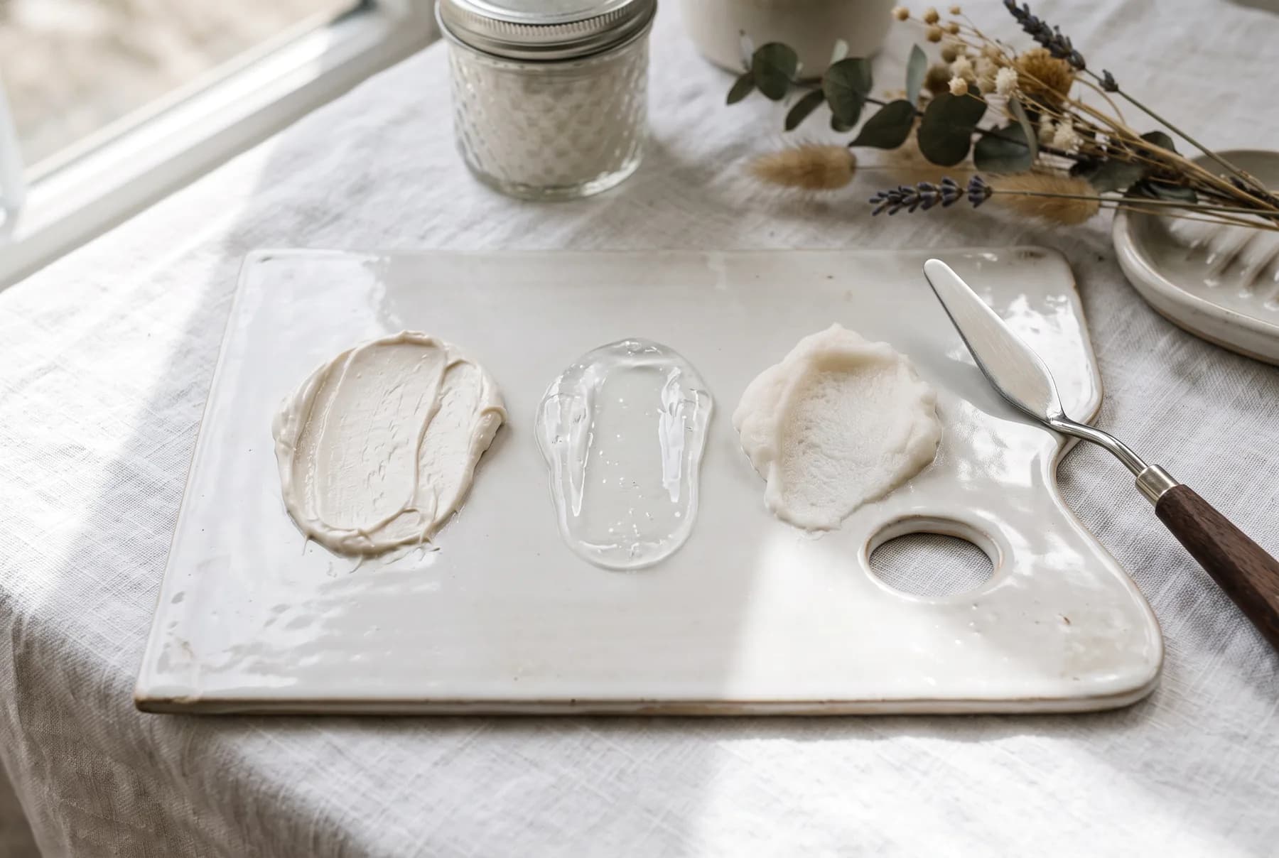 Three shaving formula textures showing the difference between cream, clear gel, and lotion-like soapless formulas