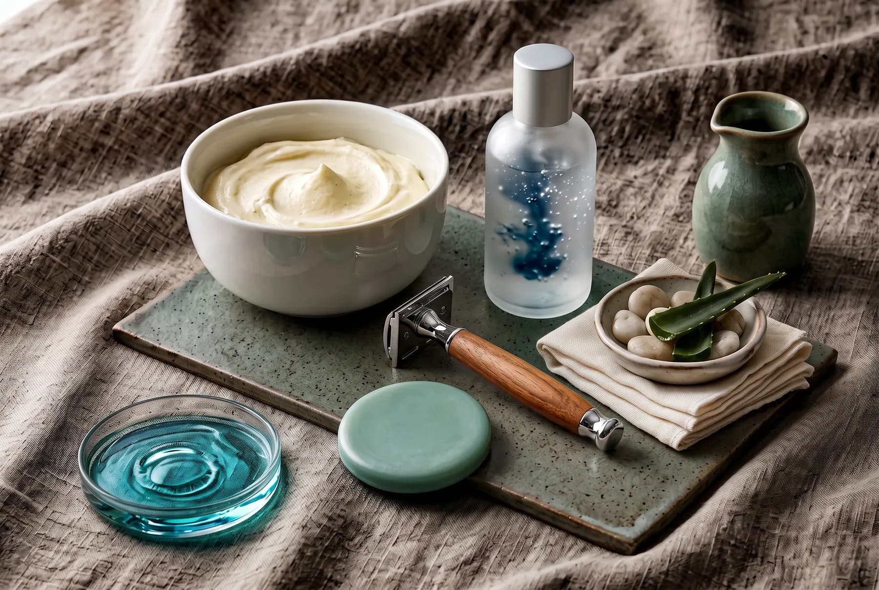Hands preparing shaving cream with lukewarm water before shaving