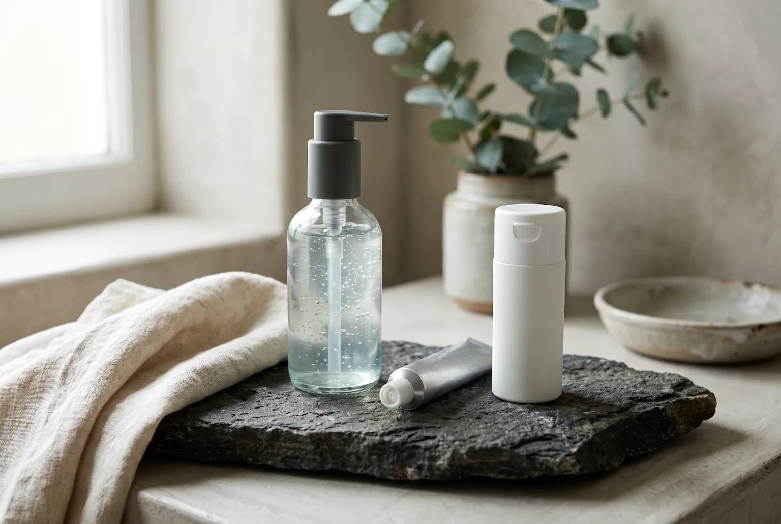 Still life of cleanser, retinoid tube, and sunscreen on textured stone