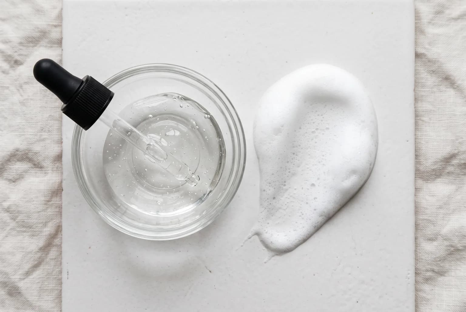 Close-up of cleanser texture and foam on ceramic