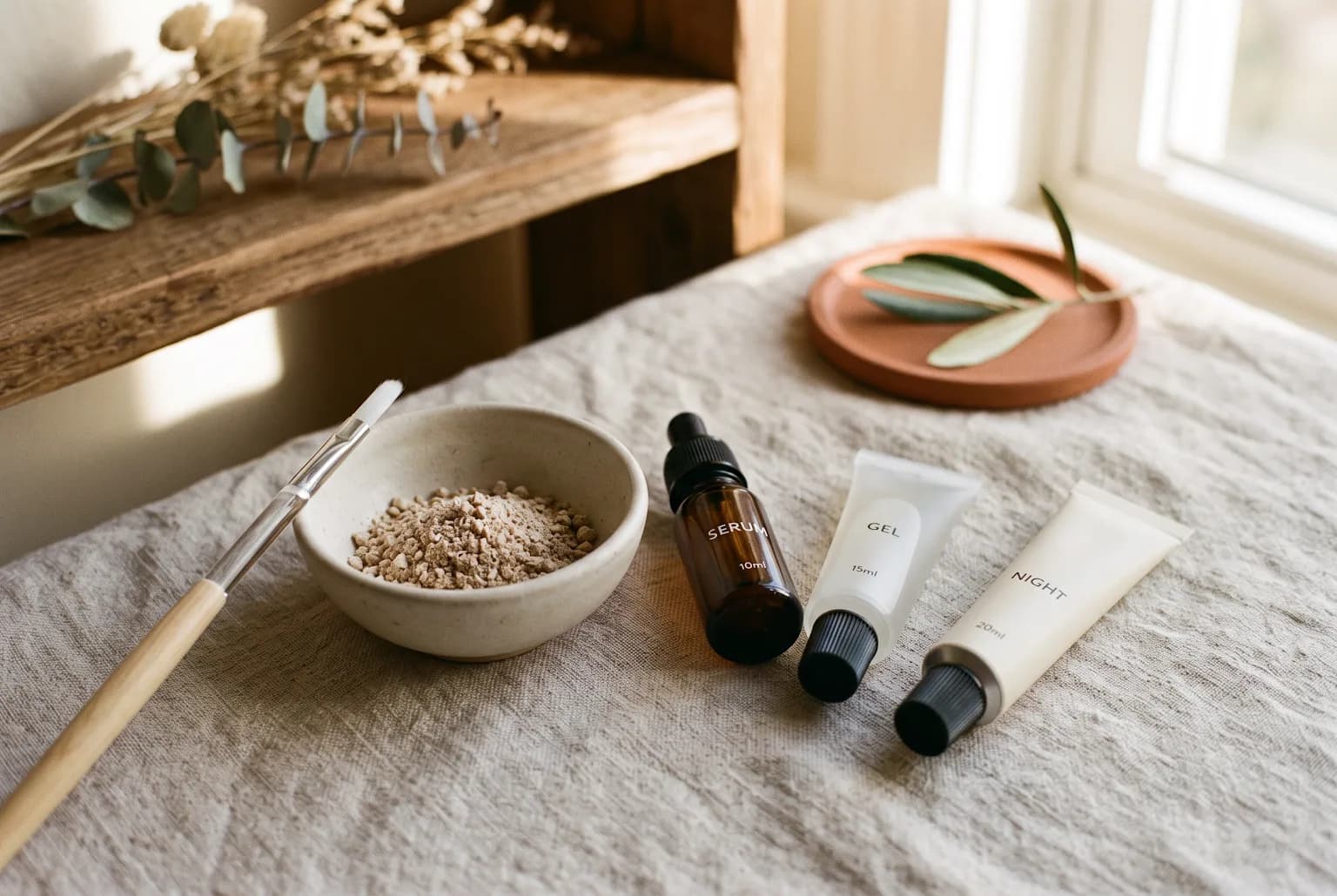 Topical treatment tubes with applicator and powder sample