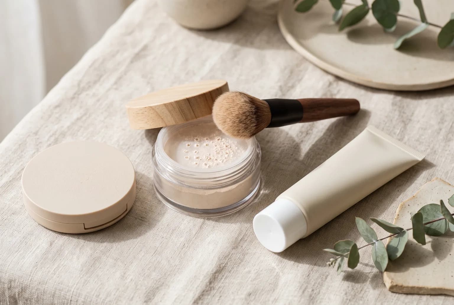 Sunscreen tube next to oil-absorbing face powders and brush